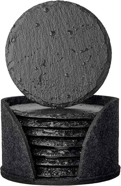 Urbanstrive Eco-Friendly Slate Drink Coasters with Holder, Set of 10, Round Slate Stone Coasters for Drinks Bar Home, 4 Inch, Black