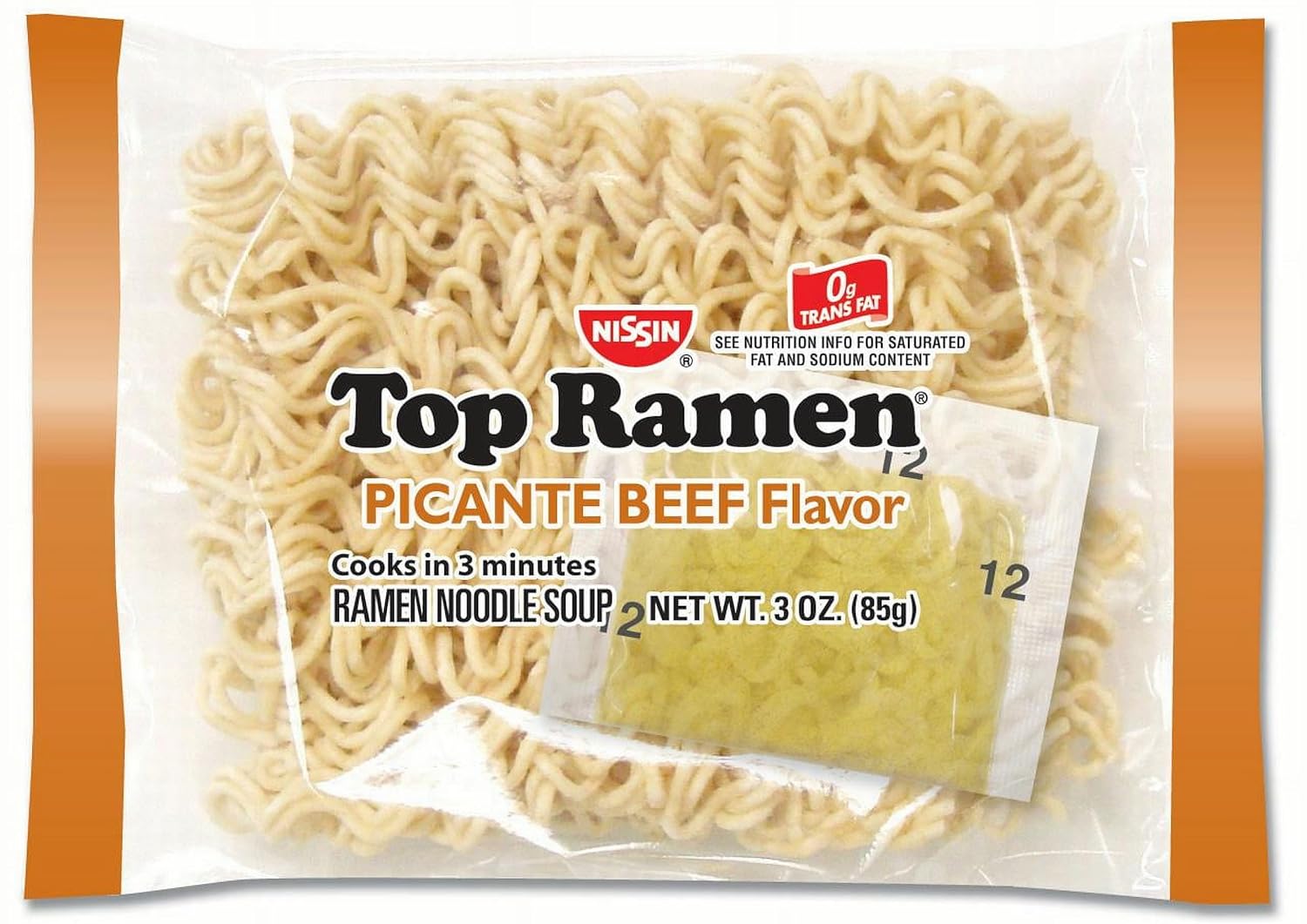 NISSIN TOP RAMEN HOT AND SPICY BEEF FLAVOR SAME PICANTE BEEF FLAVOR 3 oz Each ( 24 in a Pack )
