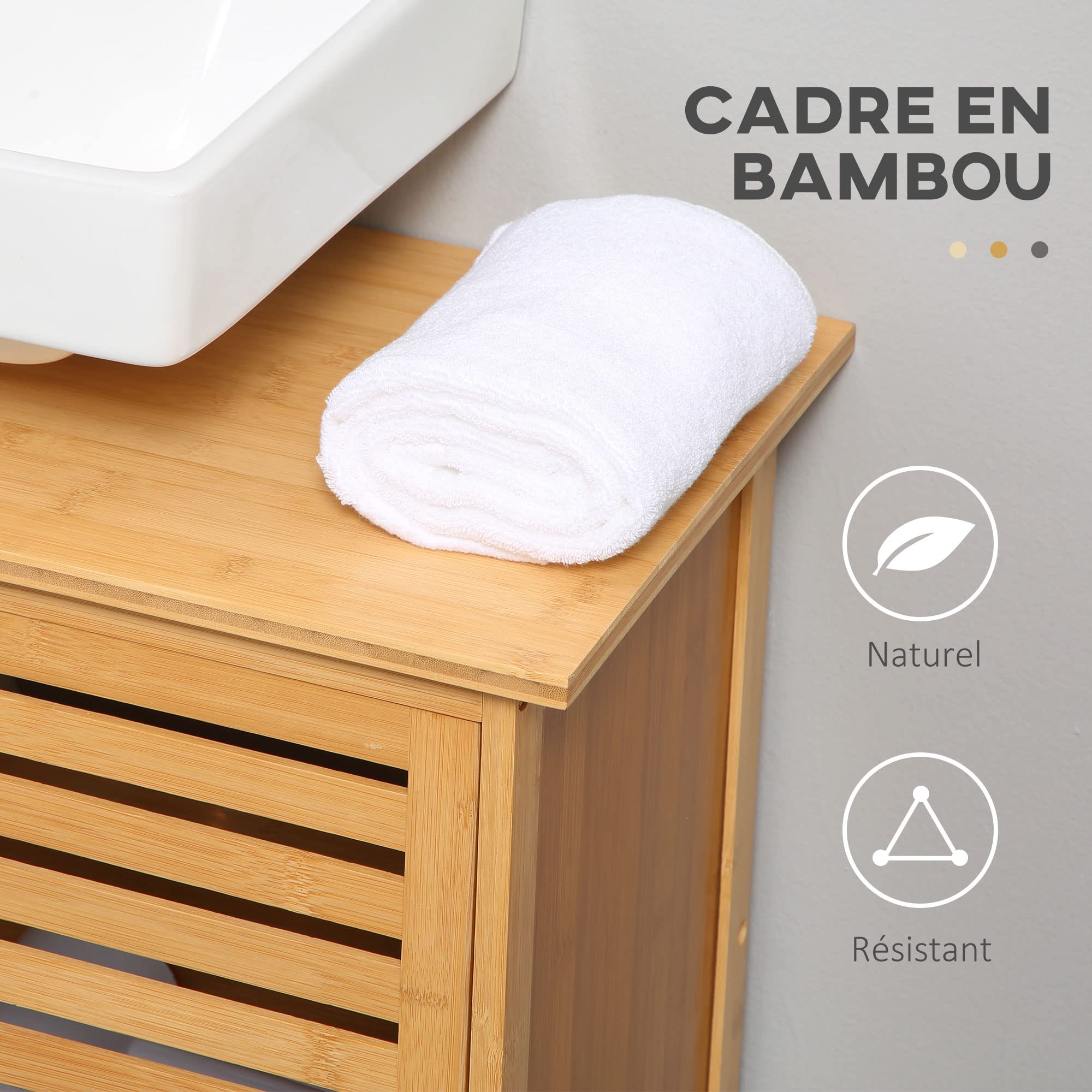 kleankin Mobile sottolavabo, Mobile da bagno in bambù, Naturale | Autoportante, 2 porte a doghe