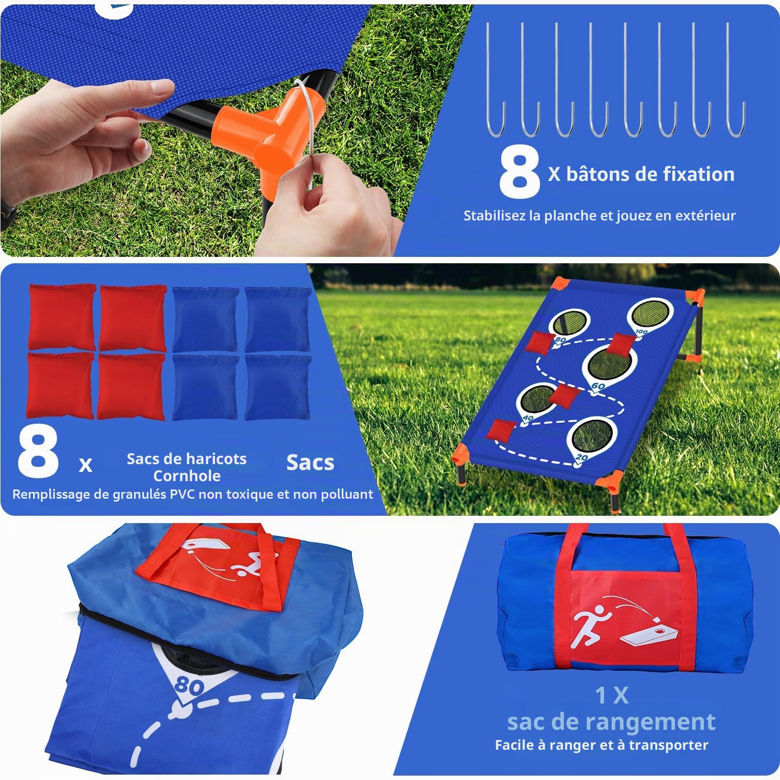 Jeu de Cornhole Portable Sacs de Cornhole d'extérieur avec Cadre en PVC et Cinq Trous pour marquer des Points pour Enfants/Adultes, Jardin, pelouse, Jeux de Plage, Camping, Jeux de Plage