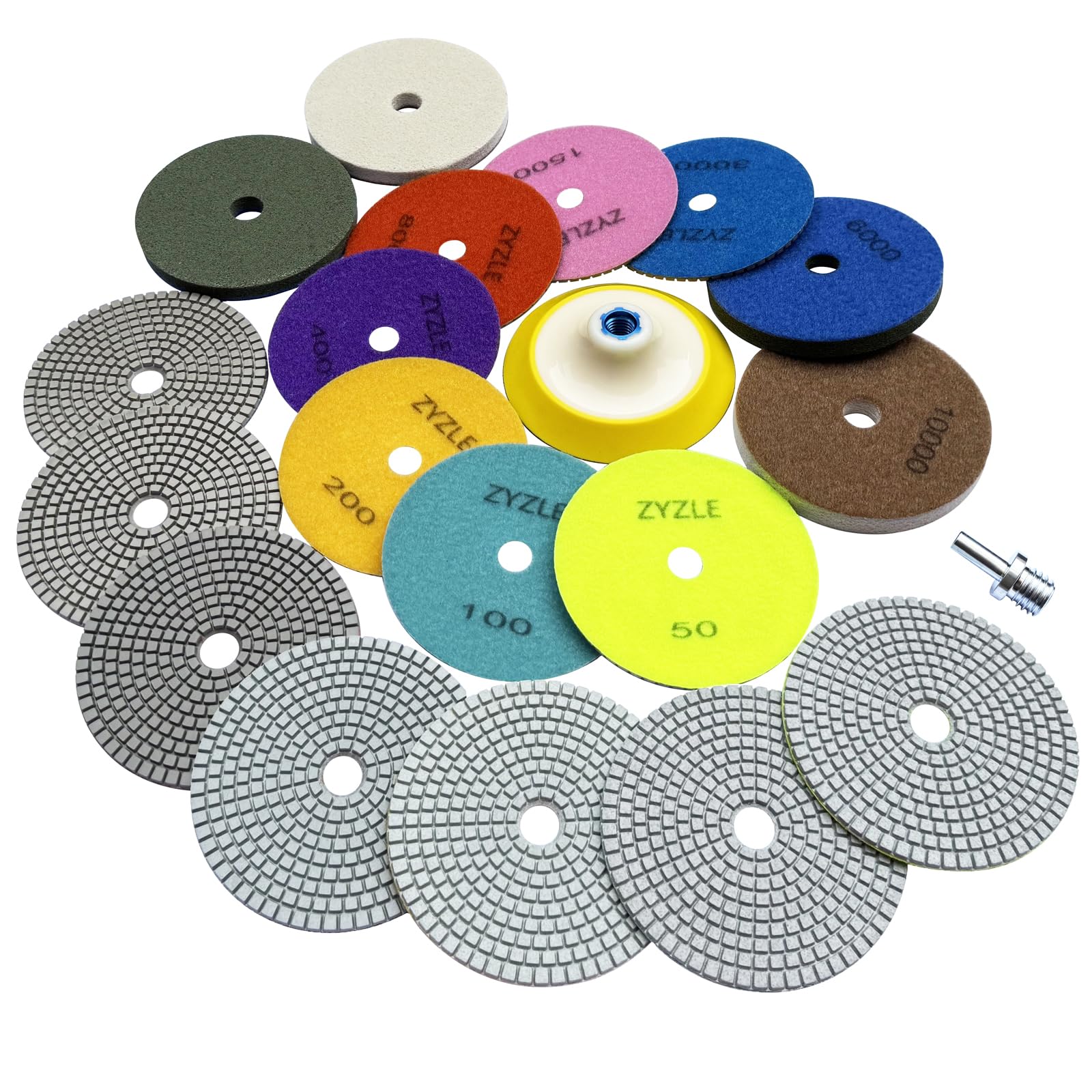 Set de 11 disques diamant pour polissage humide, grains 50# à 10000#, pour granit, marbre, carrelage, béton. Inclut plateau M14 et adaptateur pour meuleuse d'angle et perceuse (125mm)