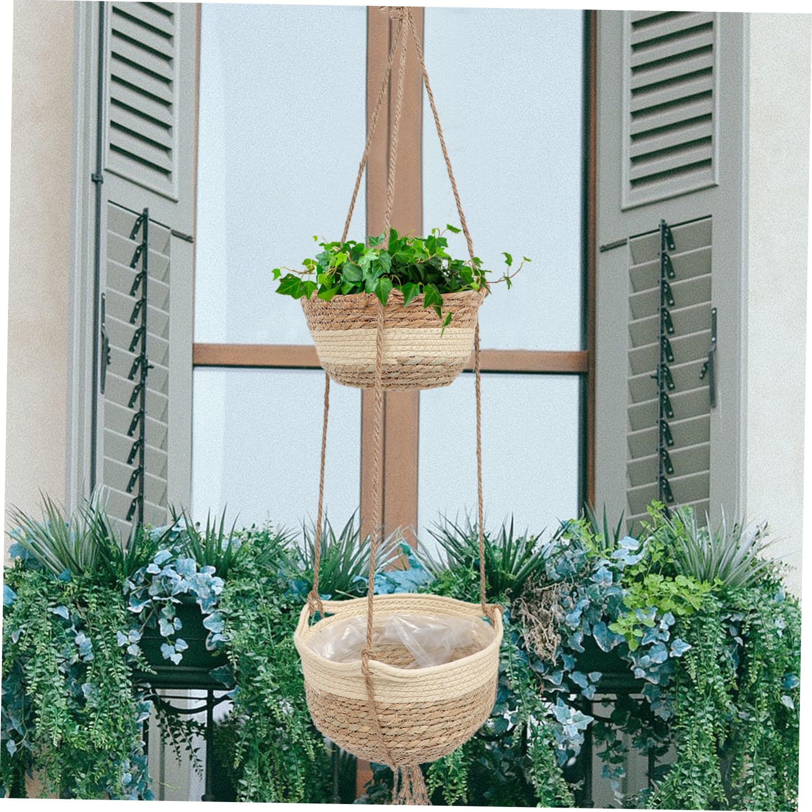 Garneck Cesto Sospeso Intrecciato in Materiale Composito a 2 Livelli per Piante e Fiori, Decorazione per Ufficio e Cortile Struttura Resistente e Design Artigianale