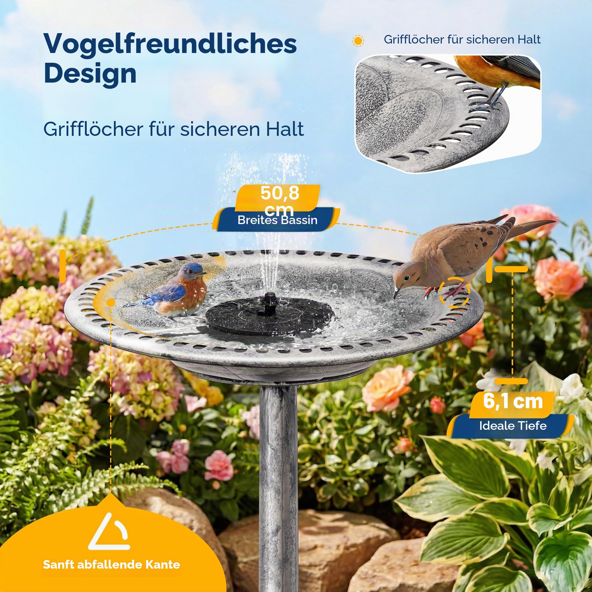 VIVOHOME Vogeltränke mit Solarbrunnen 2 in 1 Antike Vogelbad für Draußen Garten Vogelbecken Futter Schüssel für Wildvögel Wassertränke