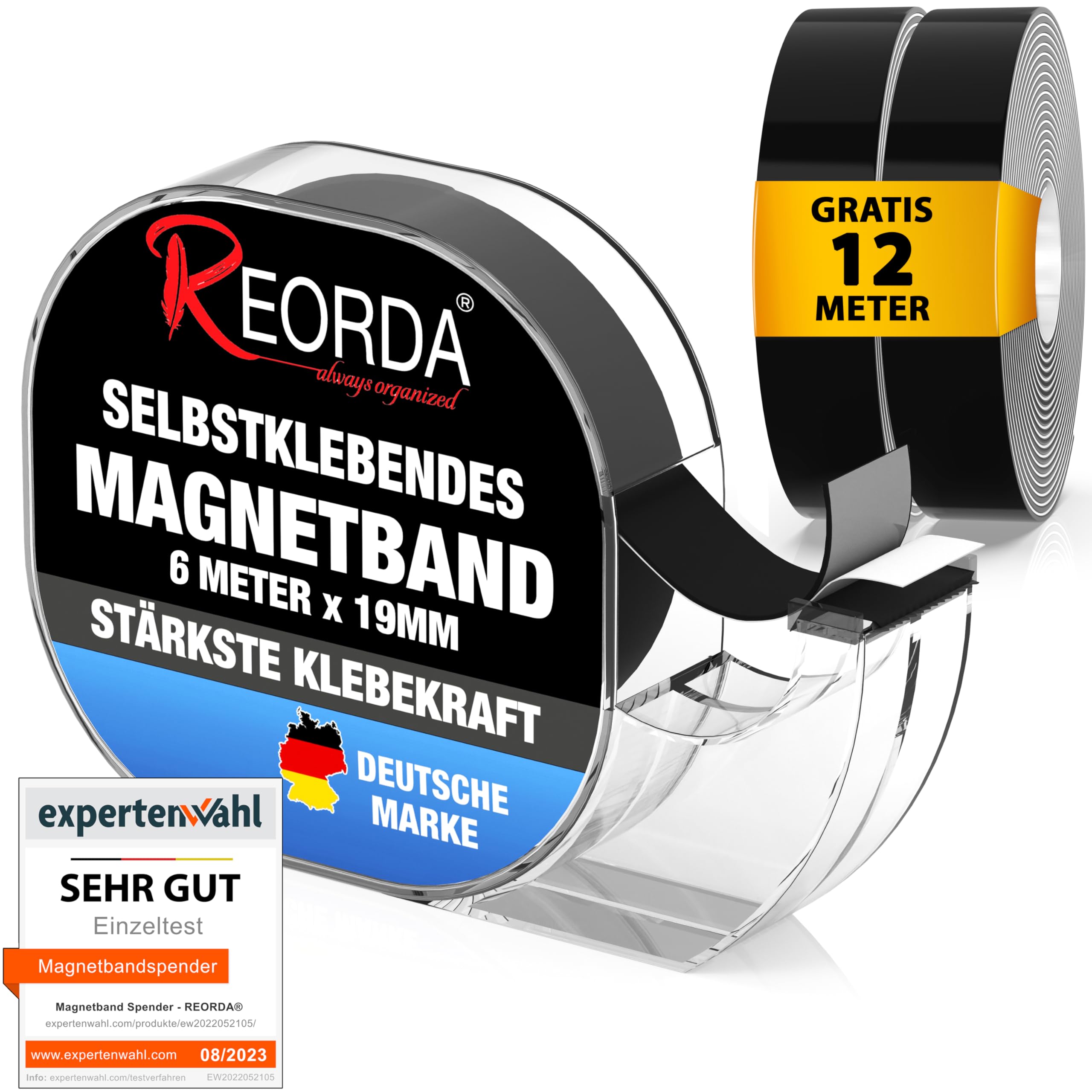 Reorda Magnetband selbstklebend im Spender (18 Meter) - Magnetstreifen - Magnetklebeband hervorragend für Postkarten, Fotos & Whiteboards geeignet