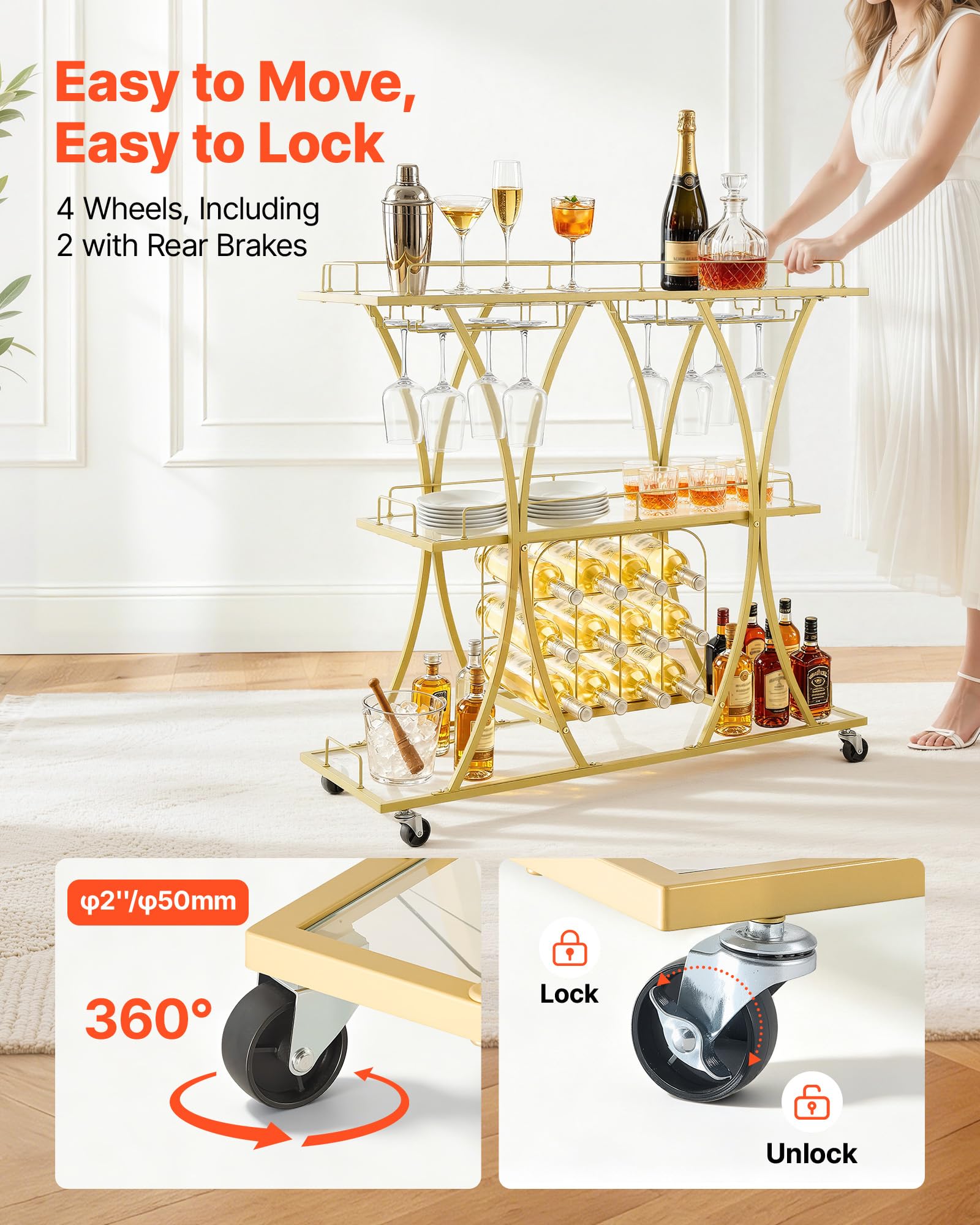 VEVOR Carro de Bebidas con Botellero de 3 Niveles, Carrito de Servicio con Ruedas, Estantes de Vidrio Espejado, Soporte para Copas, para Sala de Estar, Comedor, Cocina, 100 x 35 x 94 cm, Dorado