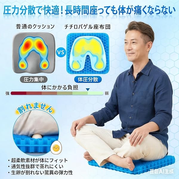 クッション 椅子用 二層構造 ゲルクッション ハニカム構造 お尻が痛くならない 座布団 高弾性 通気性 シートクッション 車 オフィス 長時間快適 チェアクッション 41×33×5cm - Blue - 4