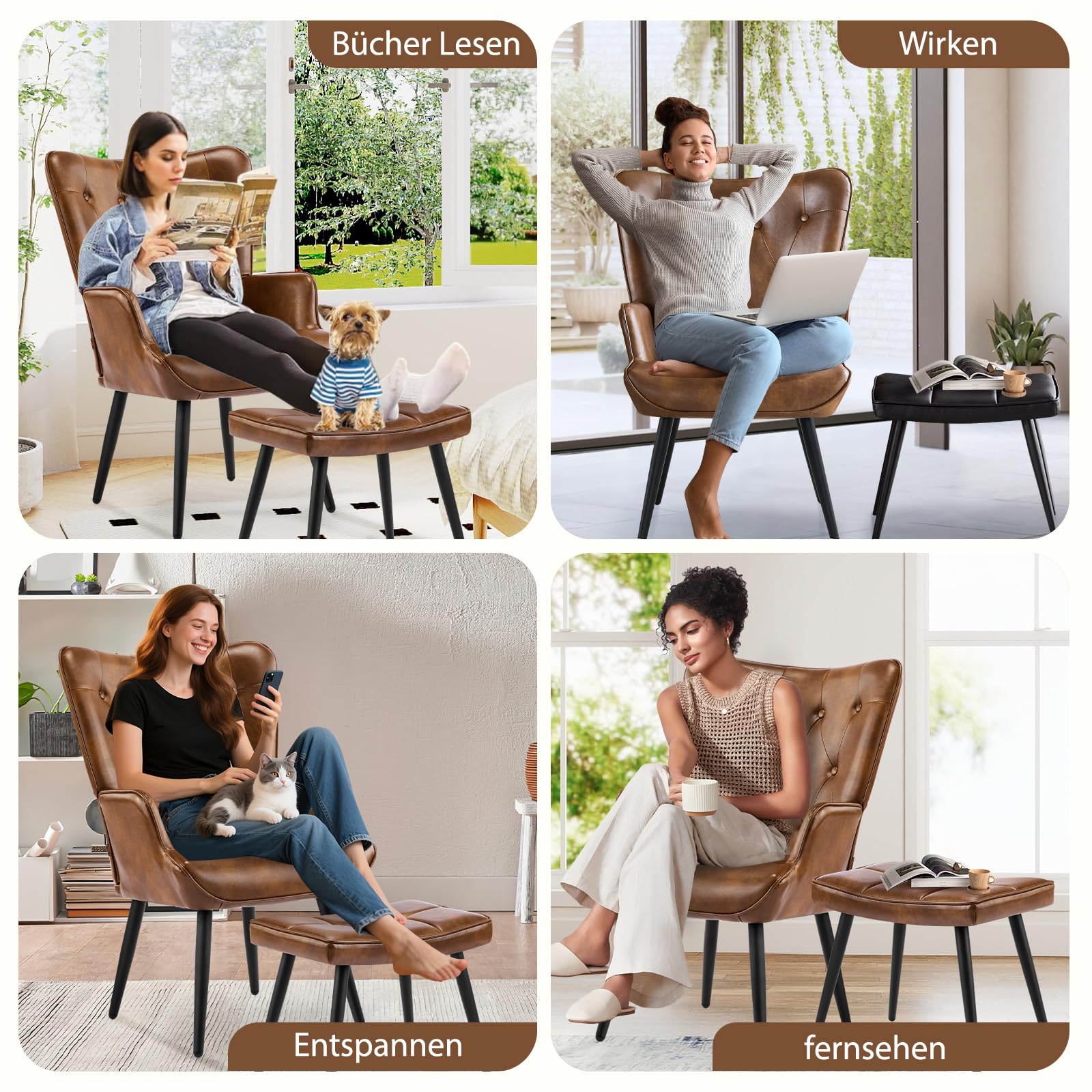 Sessel mit Hocker, Ohrensessel mit Hocker aus PU-Kunstleder, Sessel Wohnzimmer Relaxsessel mit Fußstütze Loungesessel Polstersessel fürs Wohnzimmer Schlafzimmer Arbeitszimmer, Braun