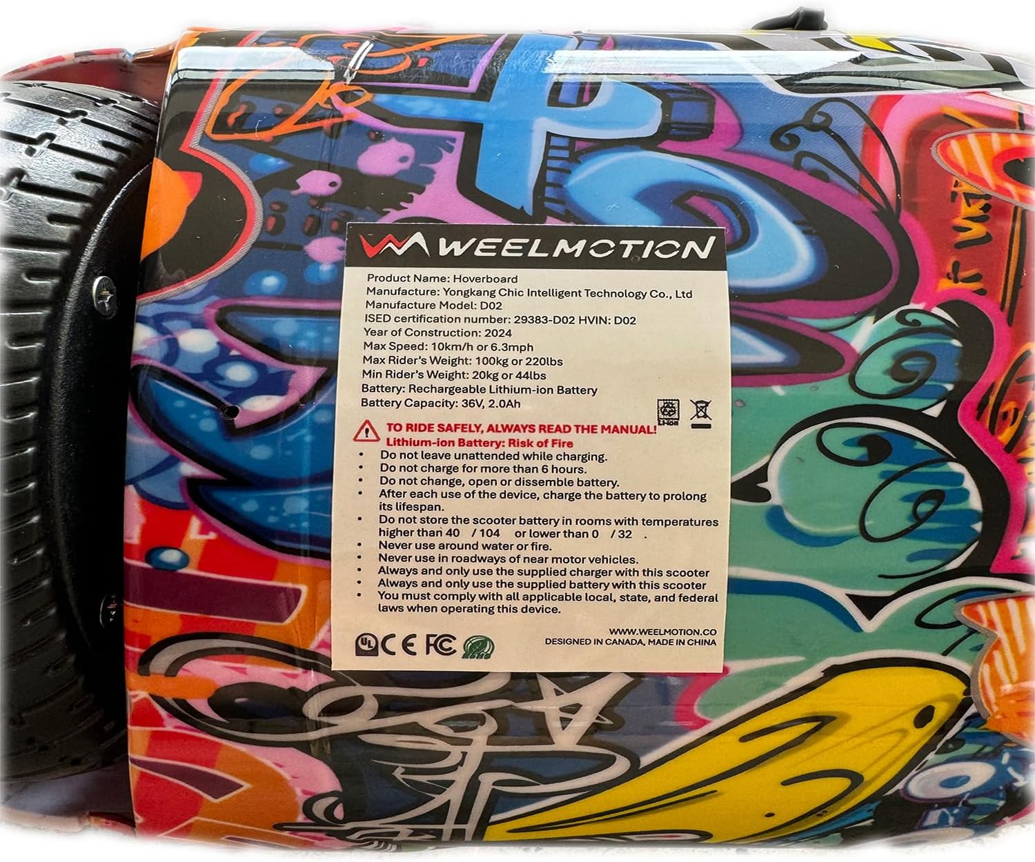 Product label on the hoverboard with safety warnings and specifications.