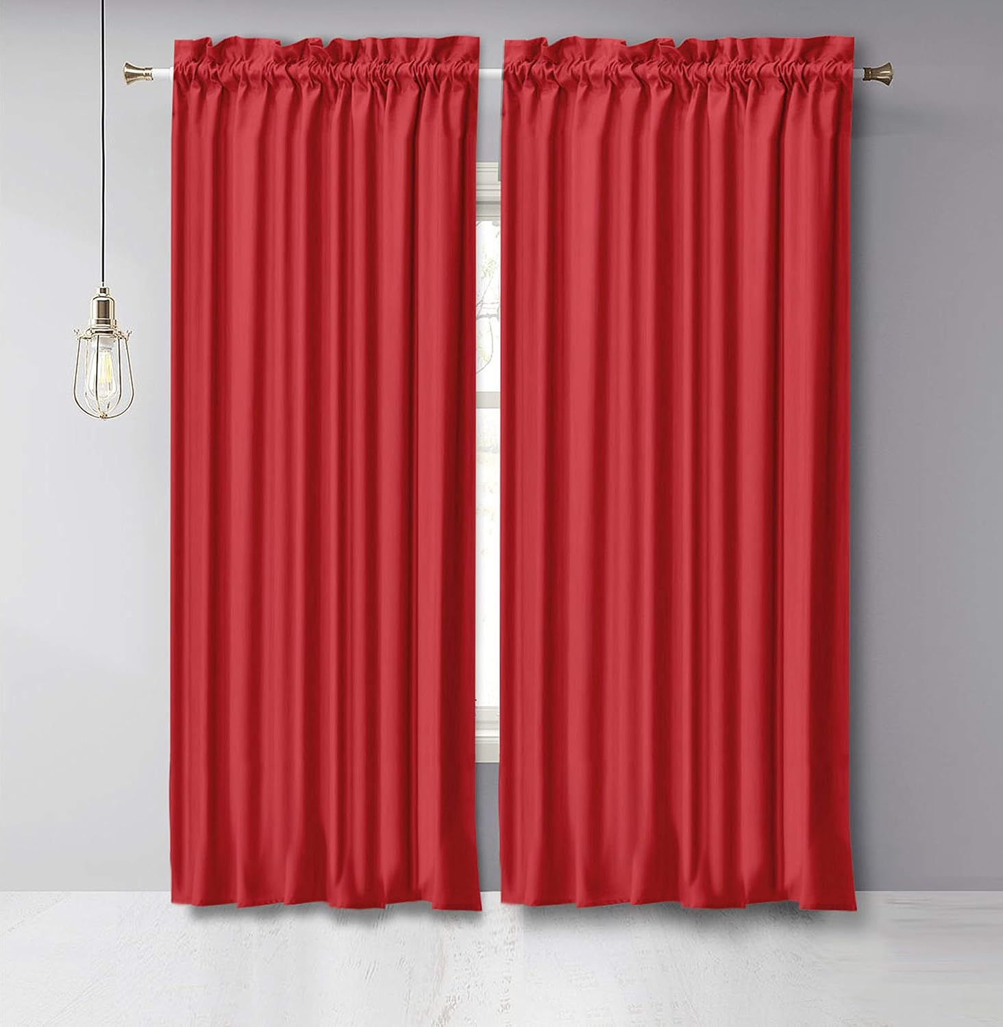 Cotton Slub Red Curtains 46 Inch Window Curtain 2-Panel Rod Pocket Living Room Drapes Curtain Set