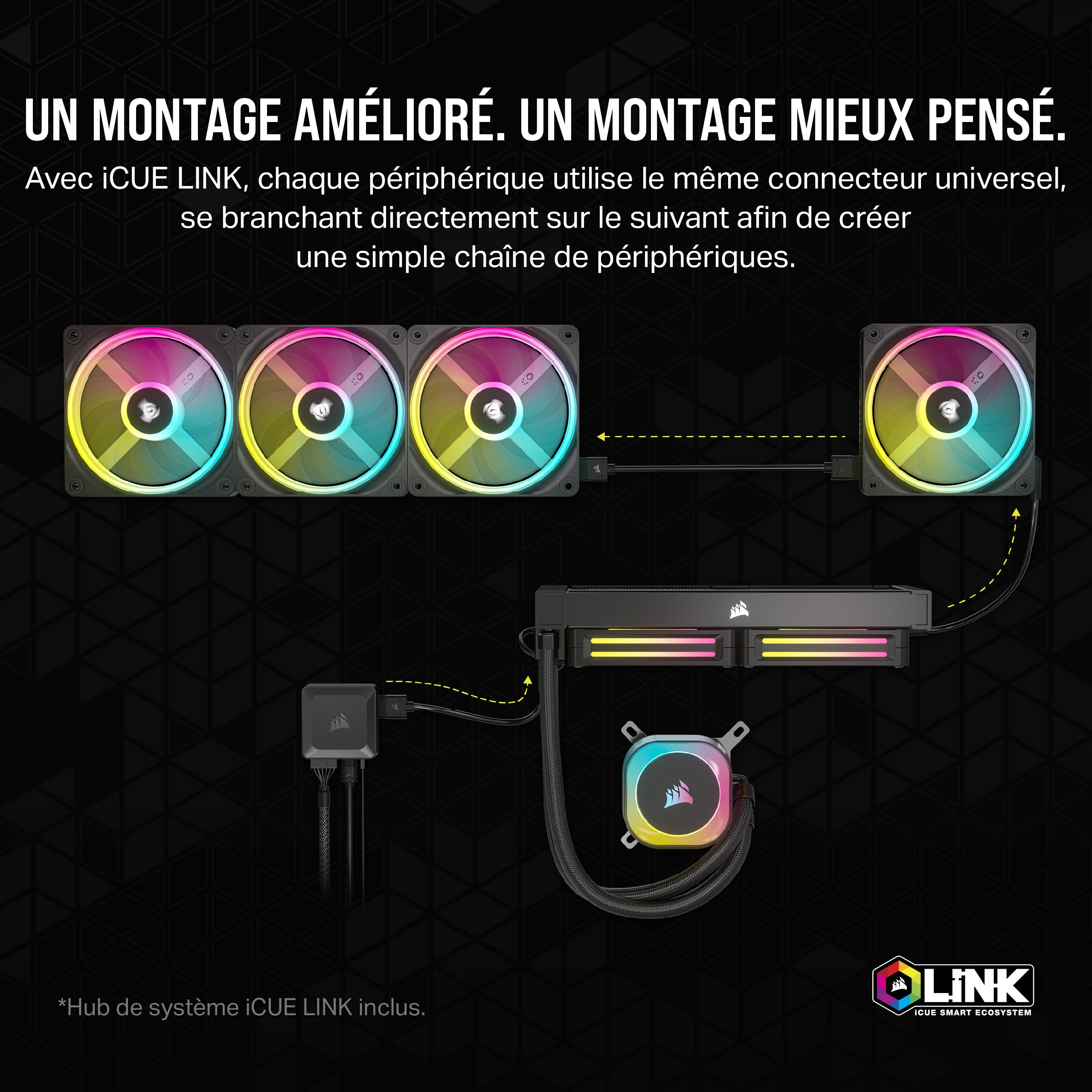 CORSAIR iCUE LINK QX120 RGB à Dôme Magnétique de 120mm Ventilateurs - Noir | Triple Ventilateurs Kit de Démarrage avec Le Hub du Système iCUE LINK