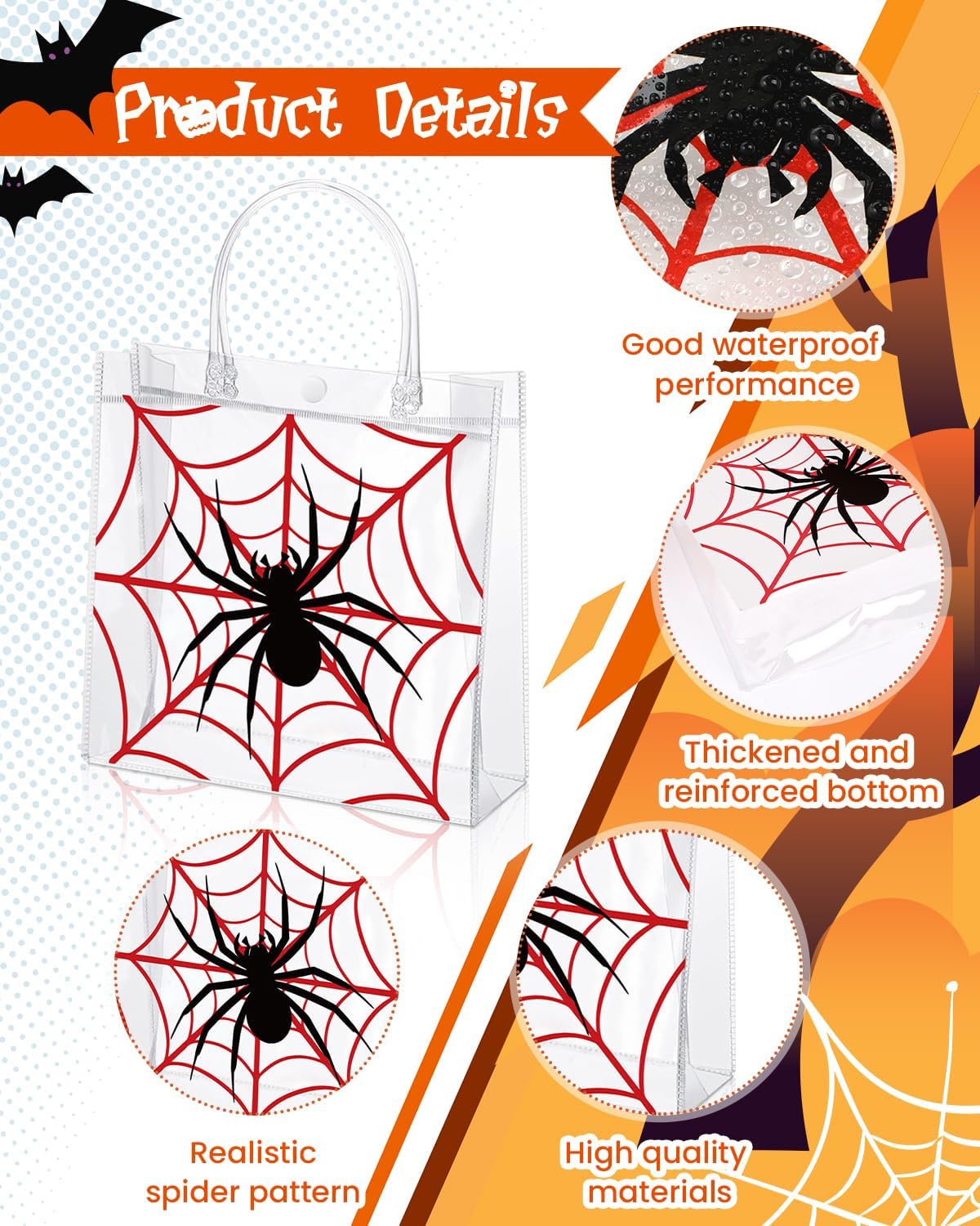 Liobelon 24 Pieces Spider Party Favor Gift Bags Spider Clear PVC Gift Bags with Handles 8 x 8 x 3.2inches Transparent Treat Snack Bag for Birthday Insect Theme Gothic Style Party - Image 5