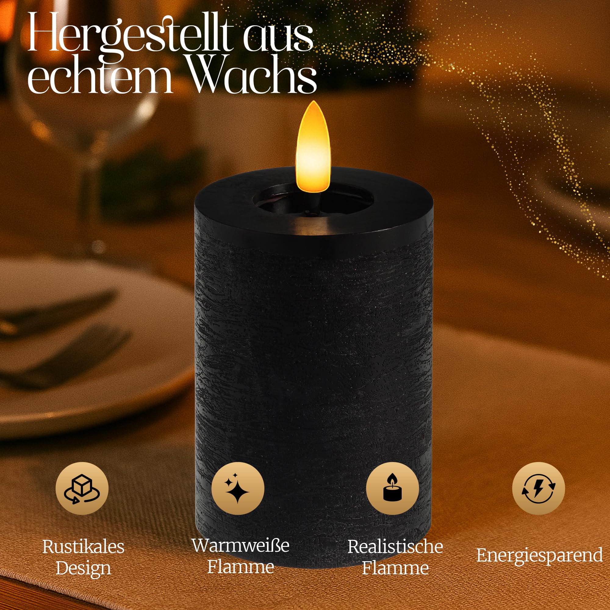 Meisterhome® LED-Kerzen 5er-Set Flammenlos Schwarz – Ø7 cm, Höhen 10/12,5/15 cm – Stumpenkerzen mit Fernbedienung & Timer – warmweißes Licht – flackernde Flamme – Rustik-Design – batteriebetrieben