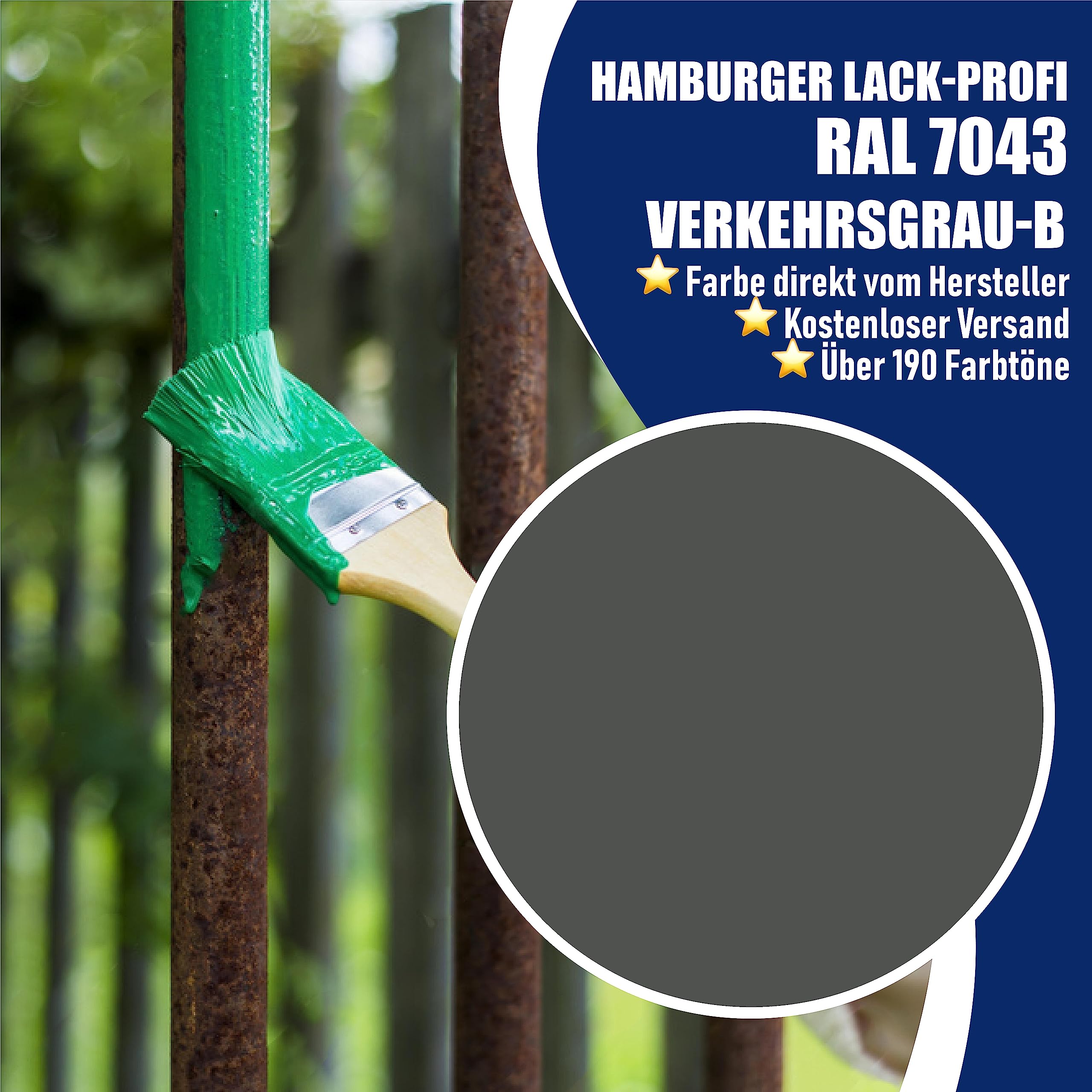 Metallschutzlack 3in1 SEIDENMATT Verkehrsgrau B RAL 7043 Grau Metallschutzfarbe 3-in-1 Grundierung, Rostschutz und Deckanstrich in Einem Metalllack Metallfarbe // Hamburger Lack-Profi (1 L)