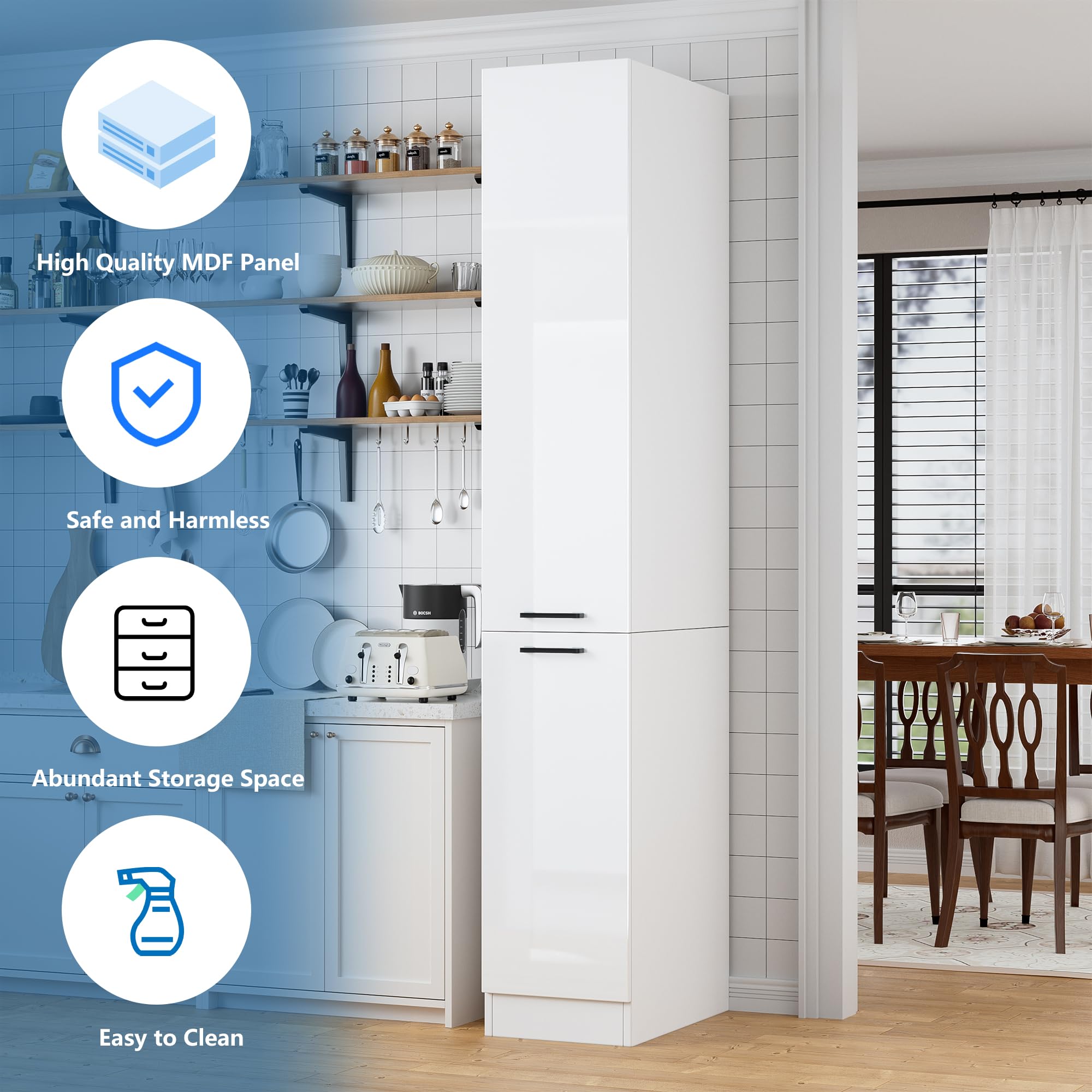 MSFE 207cm Meuble Haute de Cuisine, Meuble de Rangement Mince étroit à Tiroirs Coulissants,Moderne pour Pharmacie de Cuisine, Armoire Cuisines,207 * 56 * 30cm,Beaucoup d'espace de Rangement,Blanc bri