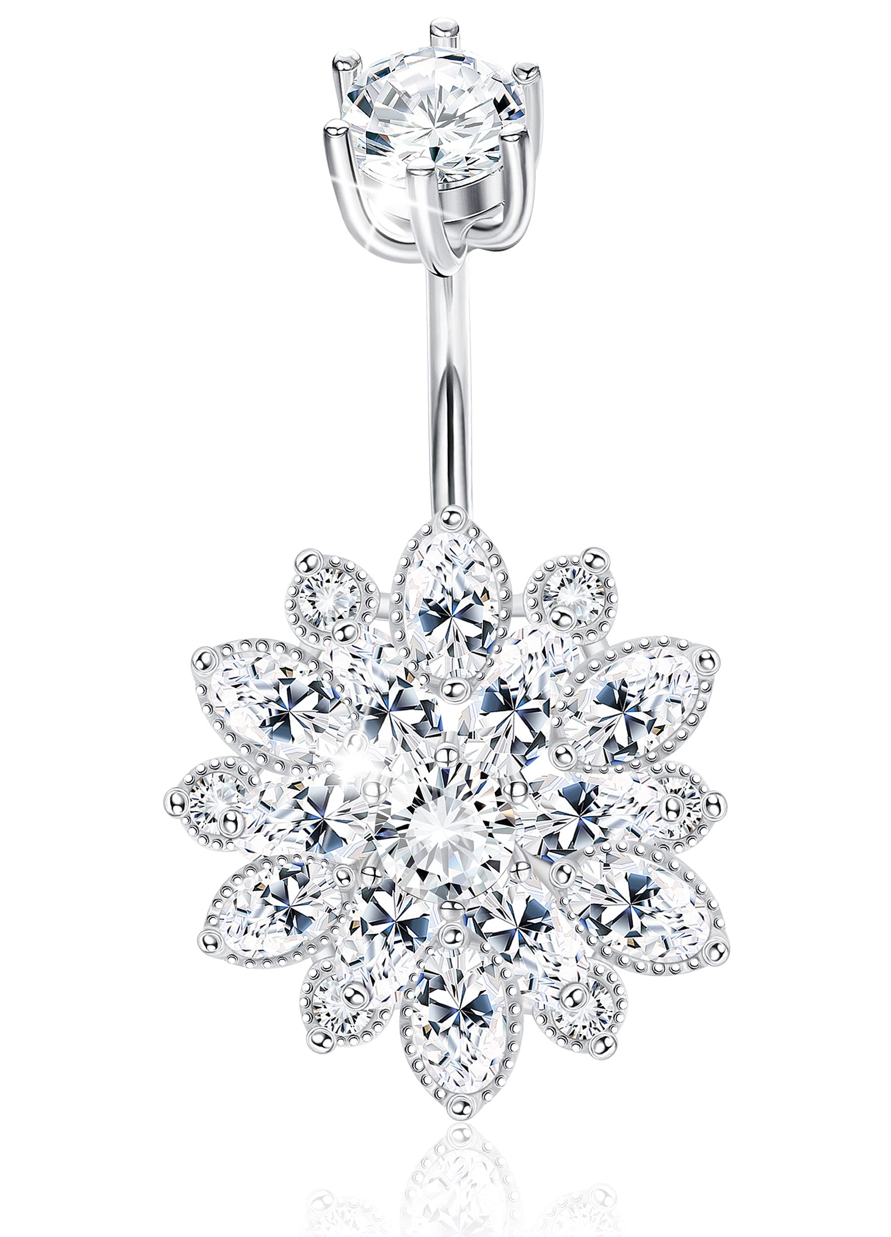 Sllaiss Piercing para ombligo de plata de ley 925 de 14 g, con diseño de flor, para mujer, circonita cúbica, piercing para el ombligo, piercing para el cuerpo, joyería, Plata de ley Circonia cúbica,