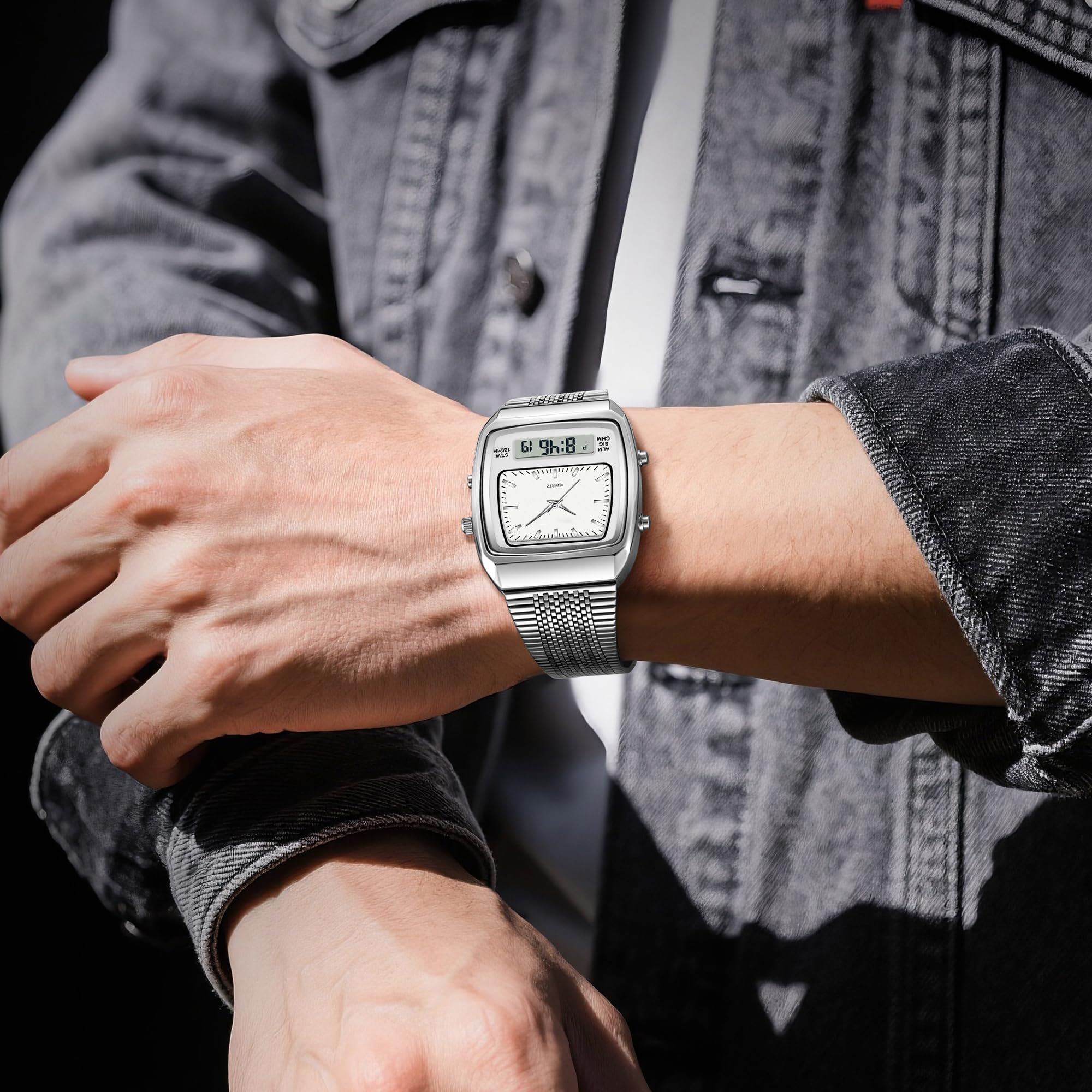 findtime Relojes para hombre y mujer, resistente al agua, analógico, digital, correa única, alarma de negocios, relojes retro, luz de fondo LED, multizona horaria, reloj de pulsera rectangular