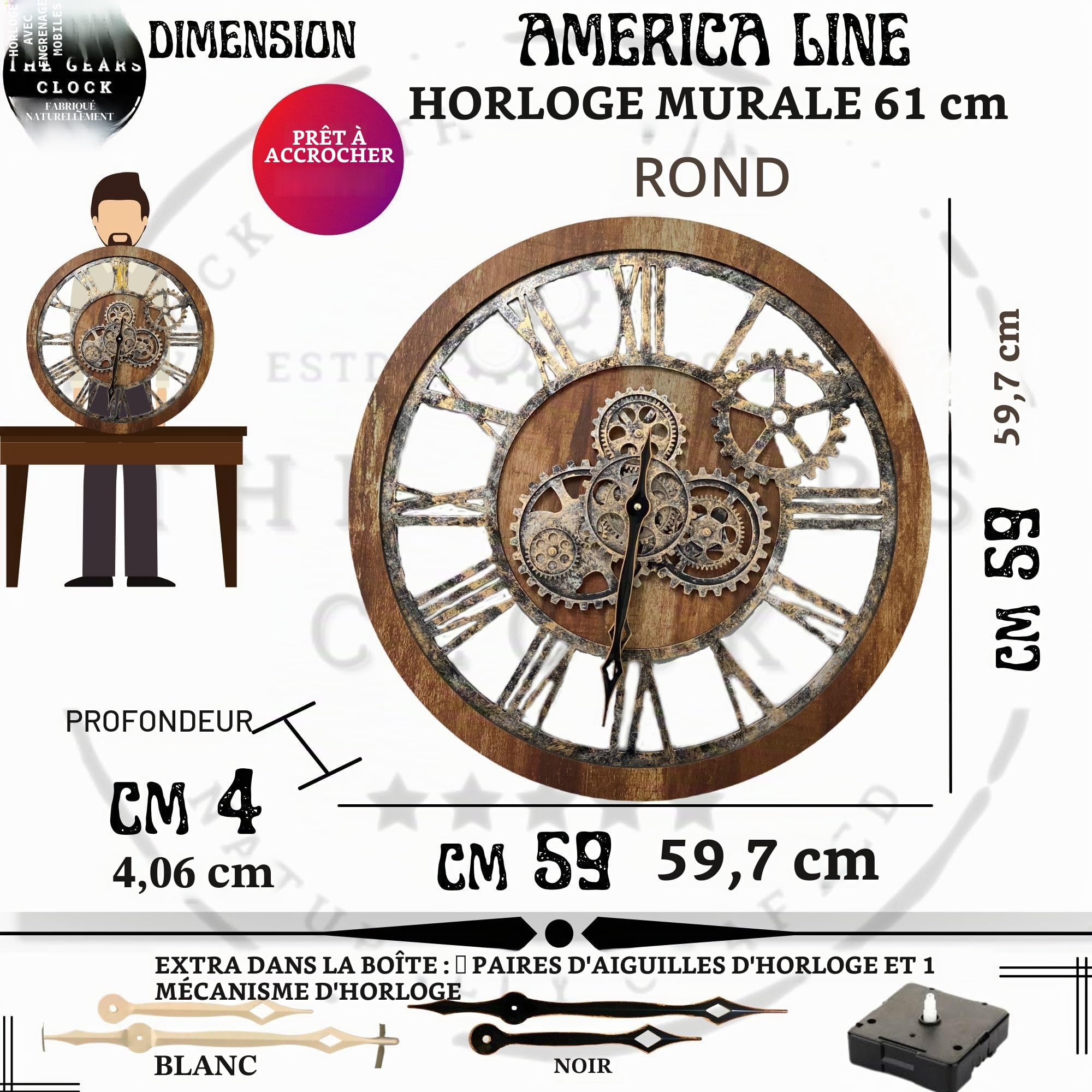 The Gears Clock Horloge Murale Originale à Engrenages Mobiles Style Vintage Industriel surdimensionné Rustique (60 cm, Marron Vintage)