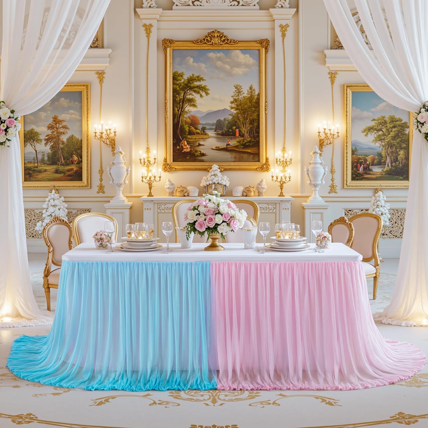 Gender Reveal Table Skirt Pink Blue Tulle Tutu Table Skirts 9 Ft for Gender Reveal Boy or Girls Birthday Party Baby Shower Cake Dessert Decorations