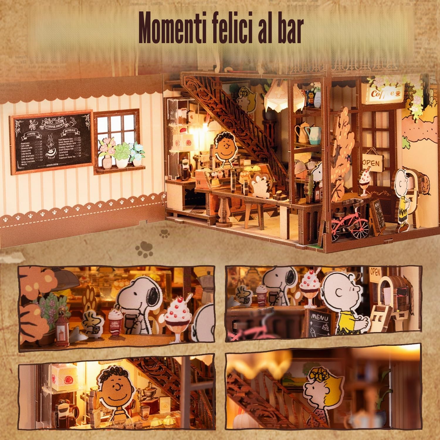 puremind Snoopy PEANUTS Book Nook, Puzzle 3D legno, mini caffè luminoso DIY