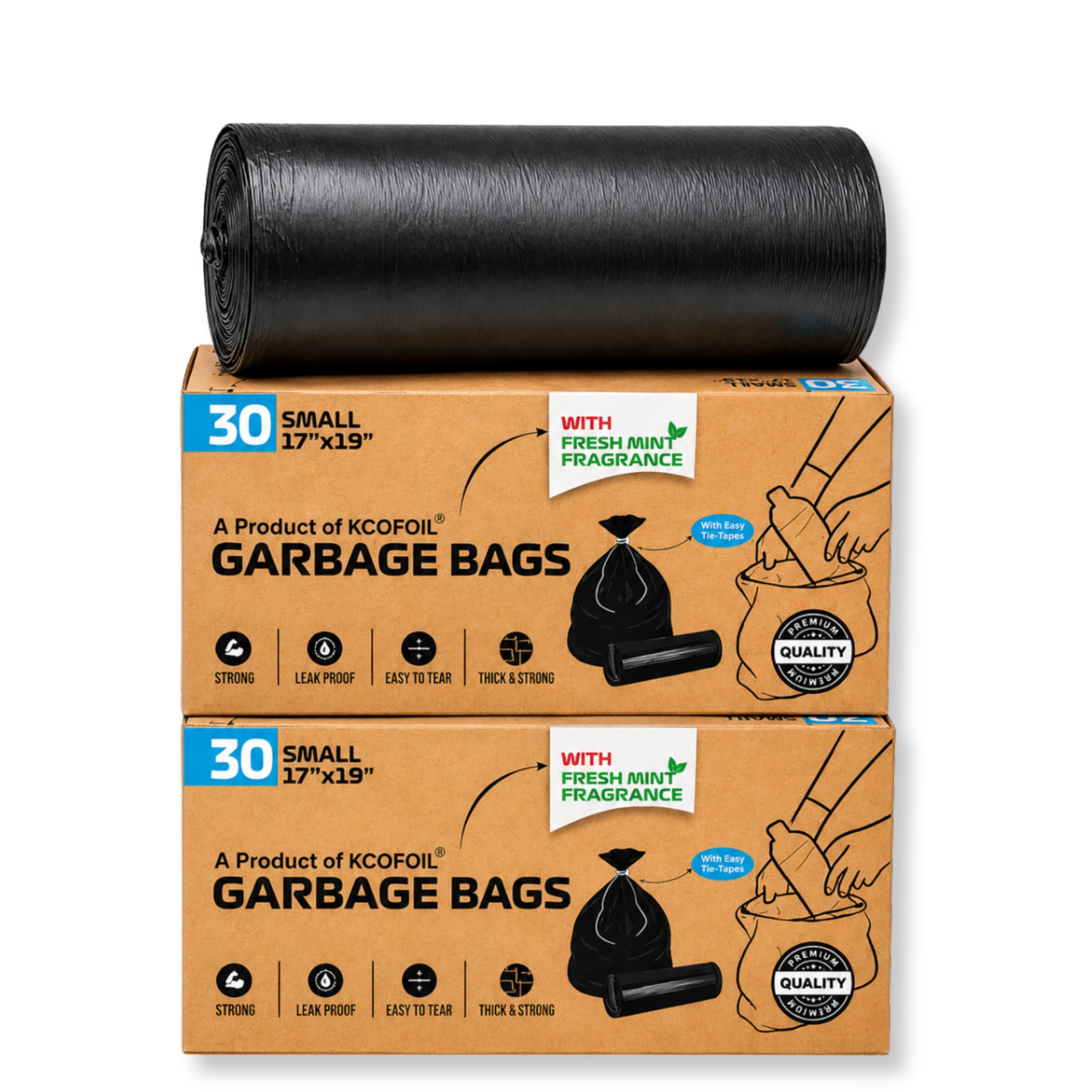 KCOFOIL Small Dustbin Bags 17"x19" | 60 Count (30 Bags x 2 Rolls) | Leak-Proof, Tear-Resistant Trash Bags for Kitchen, Bathroom, Car | Ideal for Wet & Dry Waste-image-41