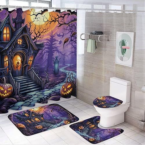 Miniatura 13 de Juego de 4 cortinas de ducha de esqueleto de Halloween, calaveras de calabaza, juego de cortina de ducha con alfombras y accesorios, decoración de