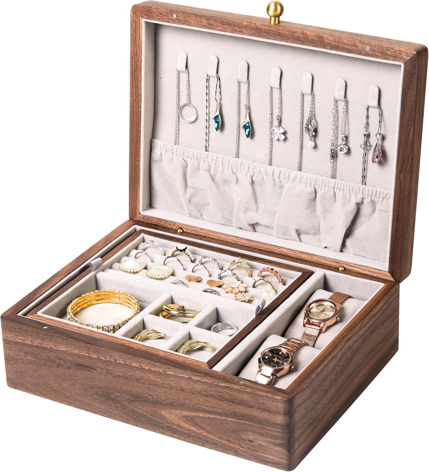 Wooden Jewelry Box, Two Layer Medium Size Real Natural Solid Walnut Wood, Vintage Organizer with Earring Storage, Ring Compartments, Built in Necklace Hooks, Watch Cushions, ek16-m-grey