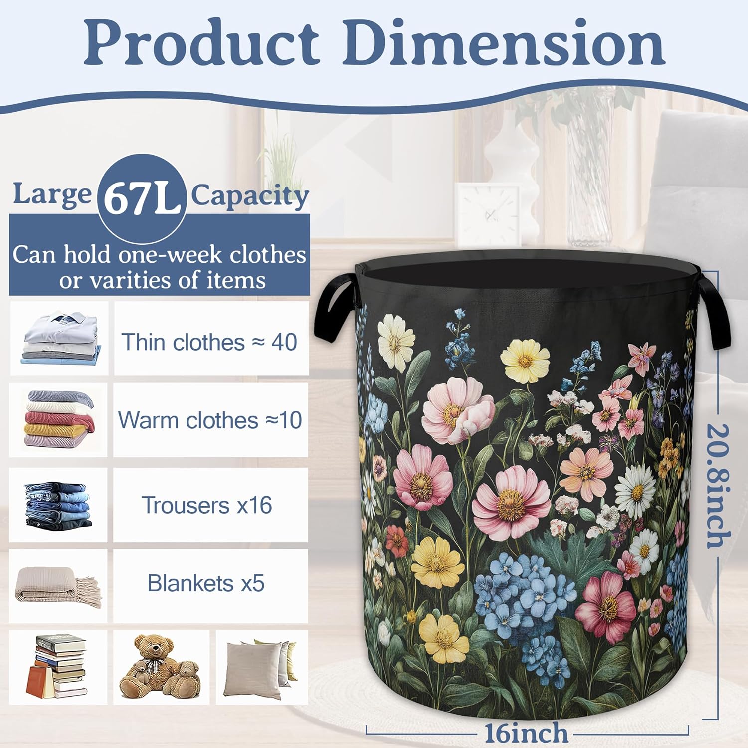 Retro Flowers Laundry Basket,Foldable Waterproof Oxford Cloth Tote Bag Botanical Wildflowers Laundry Hamper with Handles,20.8"x16" Clothes Storage Bucket Organizer for Laundry Room, Bathroom, Bedroom