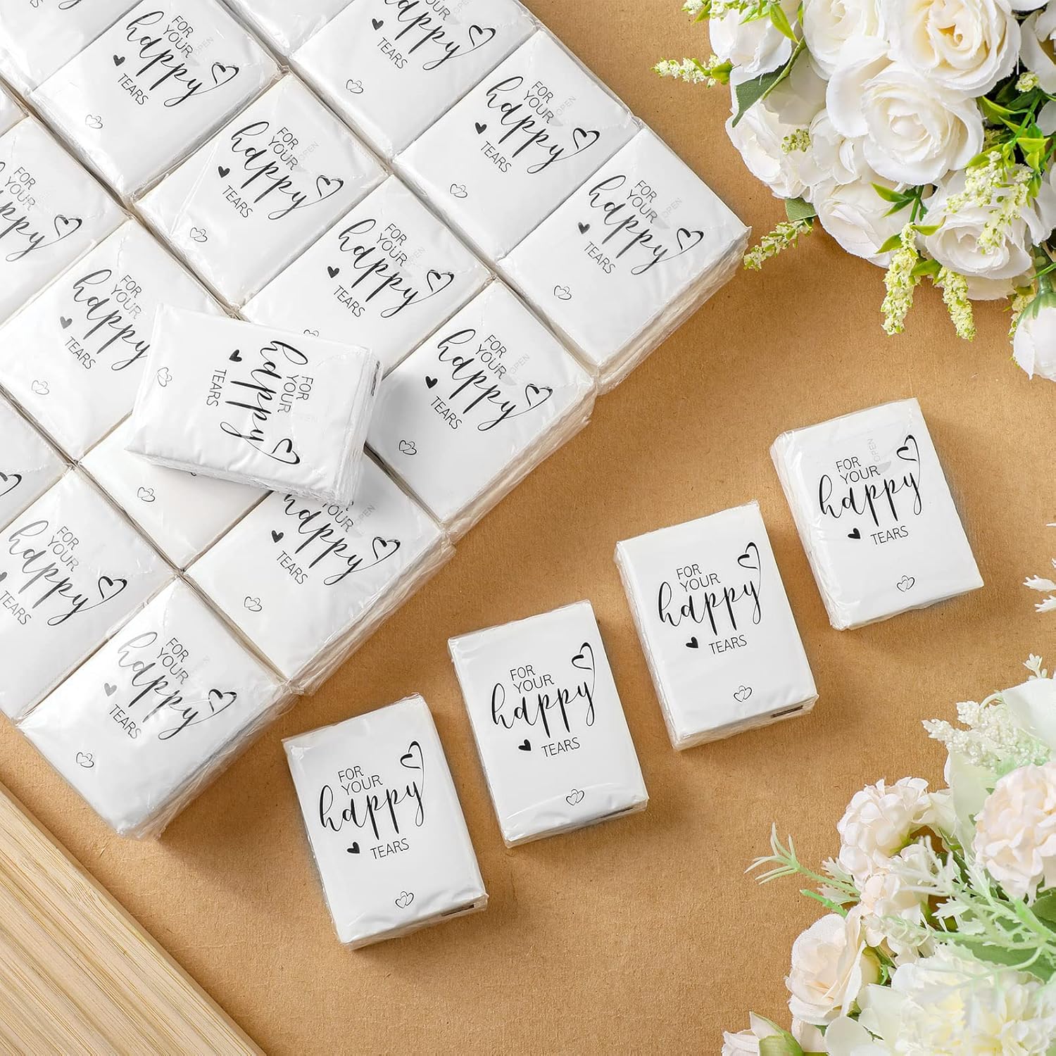 Spiareal 50 Pcs Happy Tears Tissues for Wedding 3 Ply for Your Happy Tears Tissues Packs for Guests Individual Mini Travel Size Pocket Paper for Wedding Party Favor Graduation