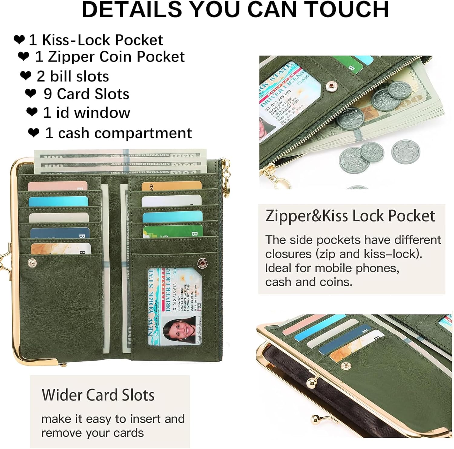 Vintage Wallets for Women Large Bifold Kiss Lock Wallet for Women Leather Zip Clutch Coin Purse - Image 3