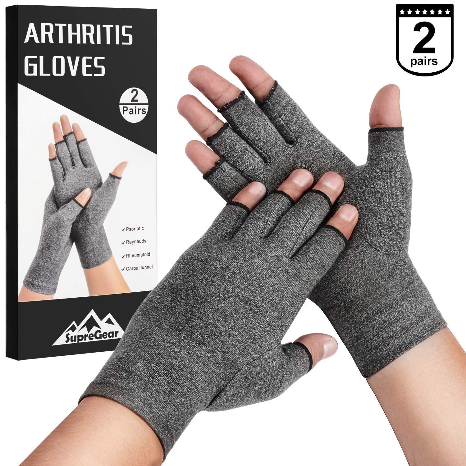 supregearArthritis Gloves (2 Pairs), Rheumatoid Arthritis Compression Gloves for Arthritis Hands, Pain Relief Gaming Typing Fingerless Gloves for Women Men (Grey, L)