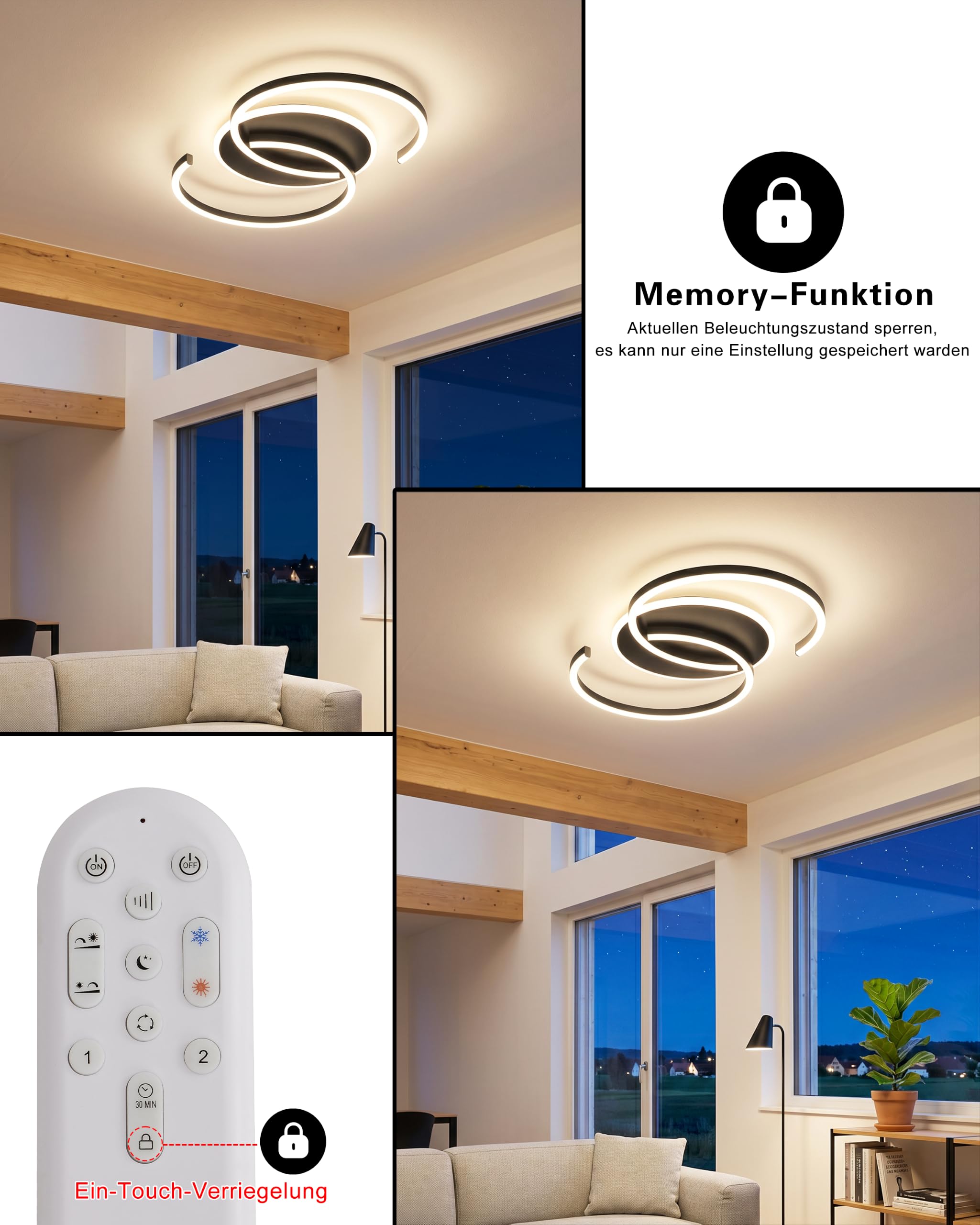 LED Deckenleuchte Dimmbar schwarz „S“ Typ, 60cm 40W Farbtemperatur 3000-6000K, Helligkeit 4-40W, Mit Fernbedienung/Mobile APP, Für Wohnzimmer, Groß Schlafzimmer, Mit Memory-Funktion, 4W Nachtlicht
