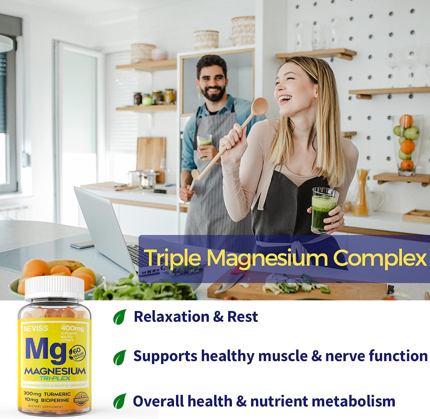 Triple Magnesium Gummies 400mg Magnesium Glycinate, Malate, Citrate, Low Sugar Vegan High Absorption Magnesium Supplement Complex, Calm Gummies w/Turmeric, B6, B12 for Mood, Rest, Leg Cramps