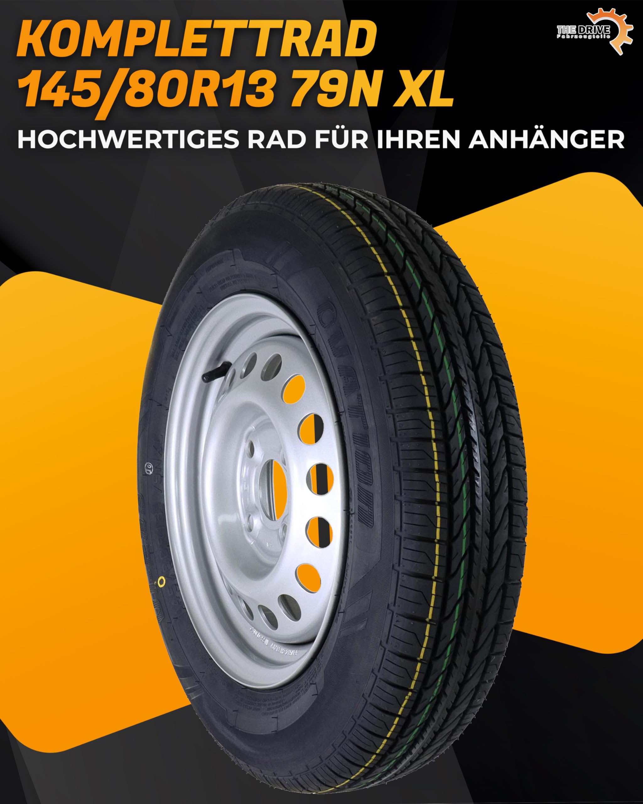 The Drive Komplettrad 145/80R13 79N XL M+S für Pkw-Anhänger & Caravan – Felge 4Jx13 H2 ET30 – Lochkreis 4x100 – Tragkraft 437kg – max. 140 km/h – hochwertiges Ersatzrad