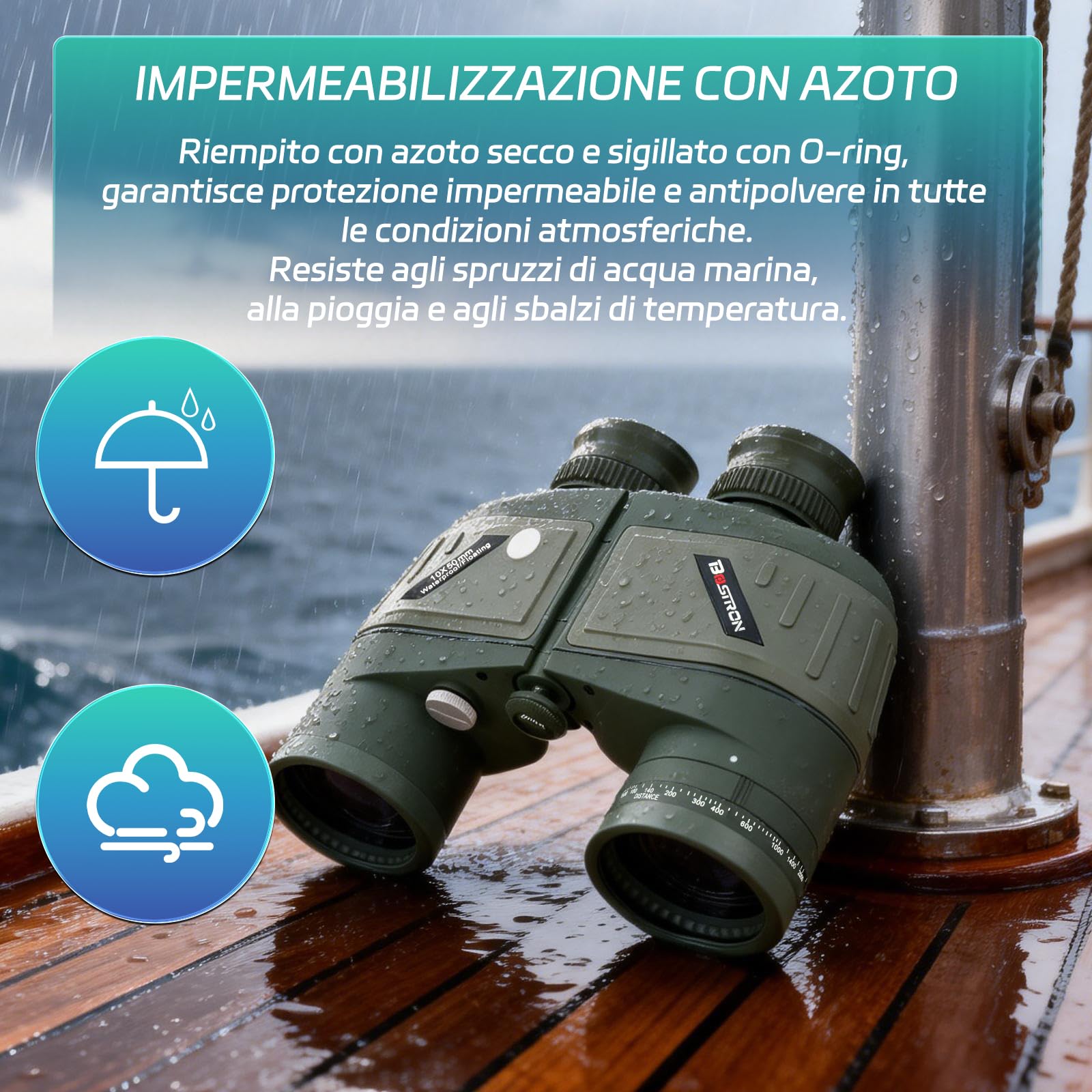 Binocolo Marino 10x50 per Adulti, Impermeabile IPX7 | Prisma BAK4 Lenti FMC, Binocolo Militare Professionale con Telemetro per la Navigazione Birdwatching Caccia - Green