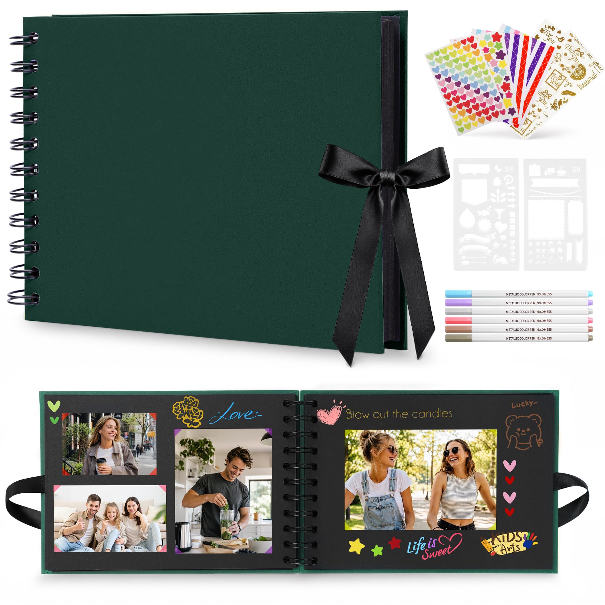 DazSpirit A5 Scrapbook Photo Album, 20 Sheets / 40 Black Pages DIY Memory Book with 6 Metallic Pens & 8 Photo Stickers, Small Scrap Book for Wedding, Anniversary, Travel, Birthday and Baby Memories
