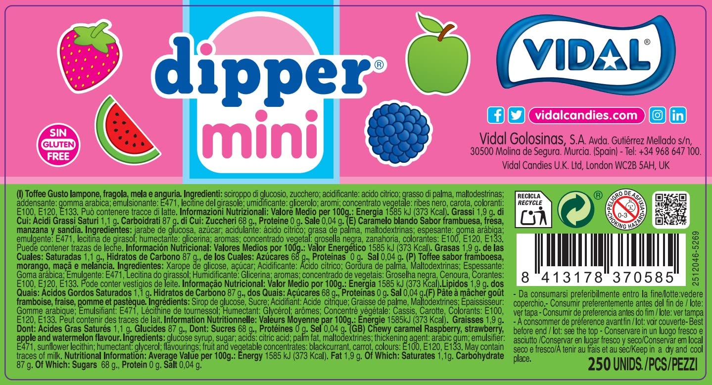 Vidal Golosinas. Dipper Mini Surtido. Caramelos blandos masticables sabores frambuesa, fresa, cola, manzana y sandía. Textura que se derrite en boca. Sin gluten. Tarro 250 u