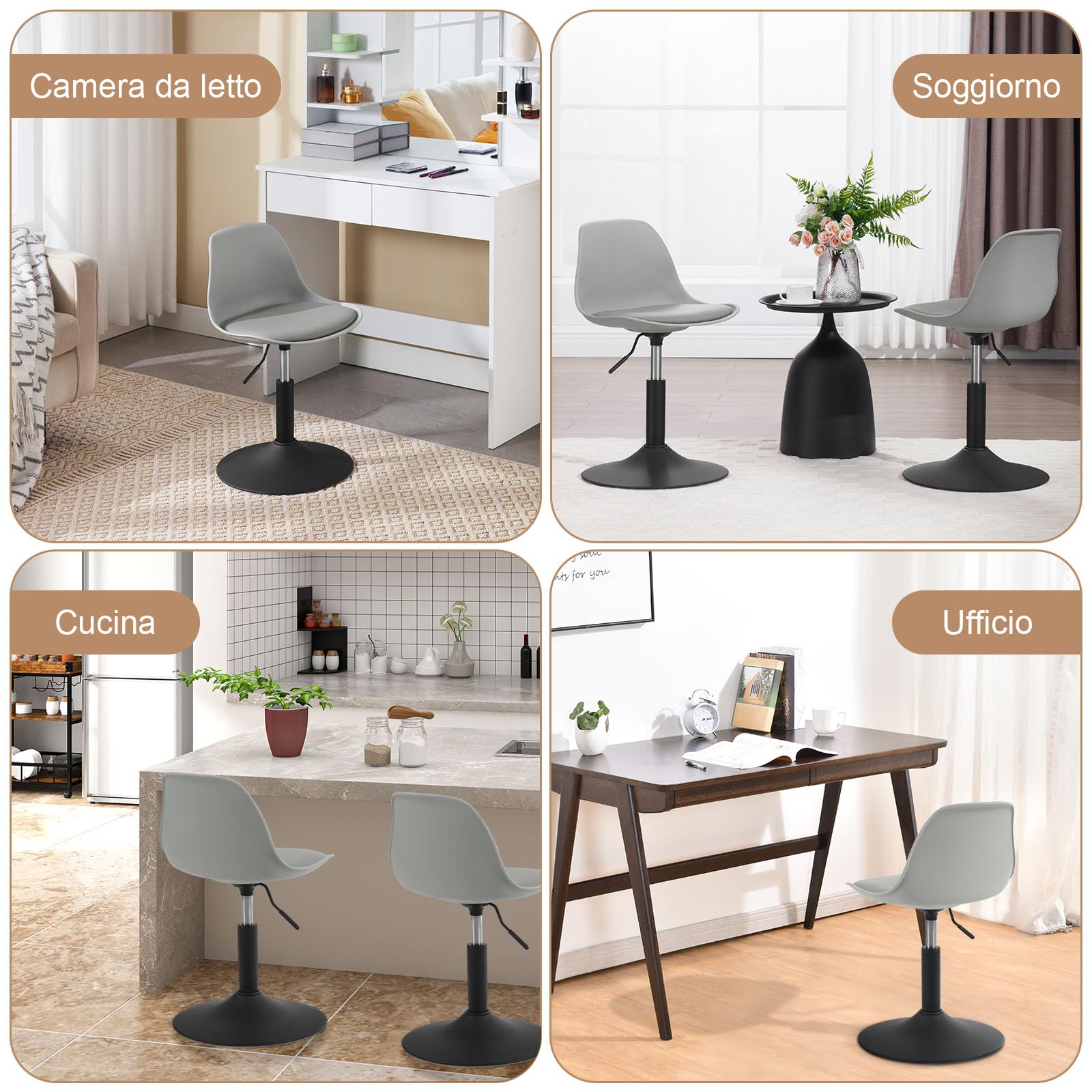 WOLTU Sgabello con Schienale Moderno Sedia da Cucina Girevole a 360° Altezza Regolabile Senza Braccioli in PU Altezza della Sedia 39,5cm-50,5cm Grigio BH304gr-1