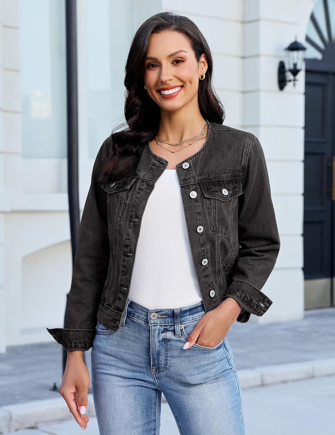 luvamia Jean Jacket Women Trendy Collarless Button Down Long Sleeve Casual Western Denim Jacket Country Concert Outfits - Image 7