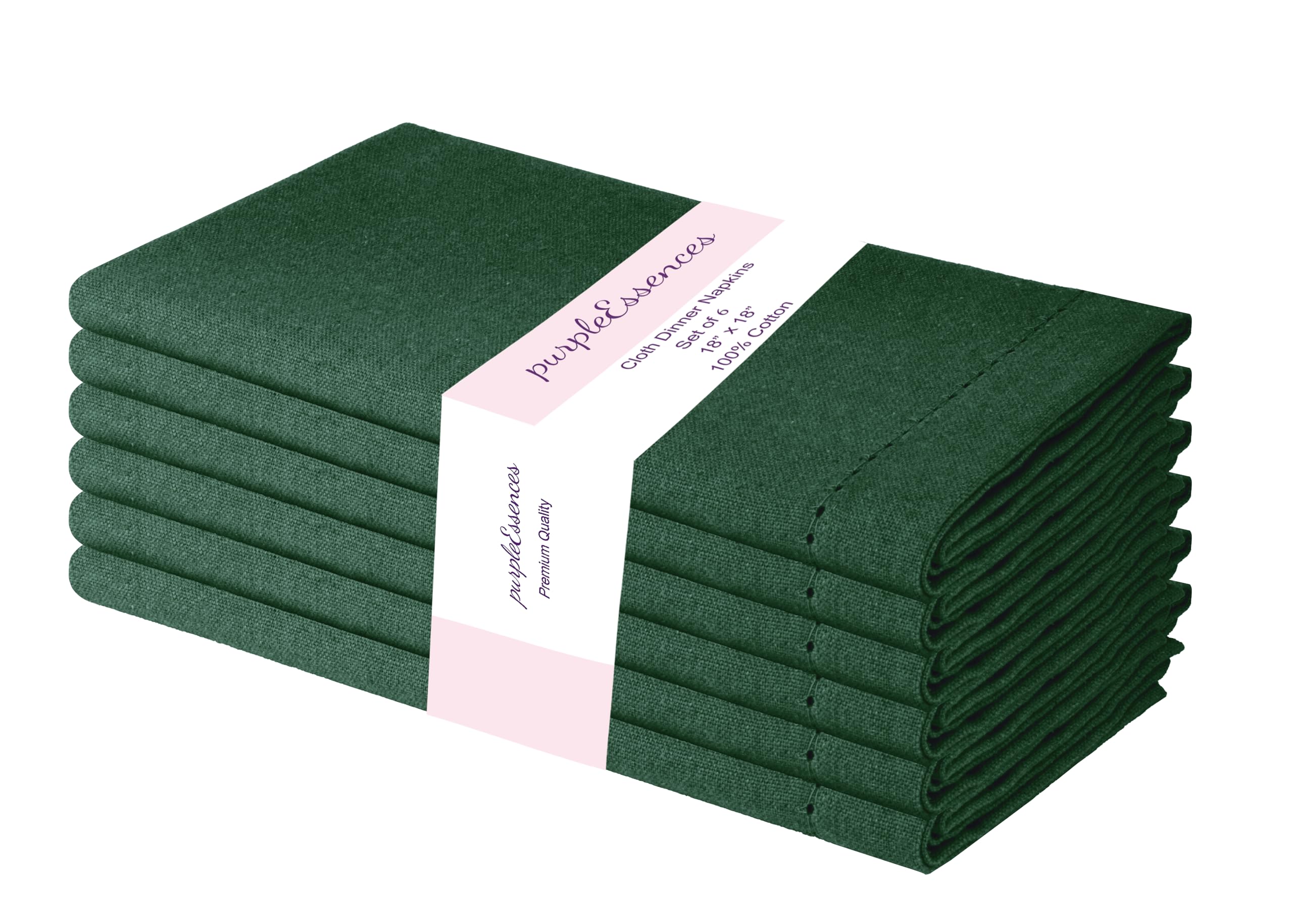 PurpleEssences Set of 6 Hemstitch Cloth Dinner Napkins 100% Cotton - Soft Durable Washable - Ideal for Wedding Christmas Holiday Winter - Perfect Everyday Use Table Linen 18x18 - Forest Green