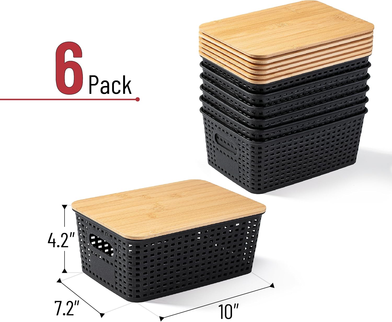 BAMBOO LAND- Plastic Storage Baskets with Bamboo Lid, 6 pcs, Black Small Pantry Storage Baskets with Lids