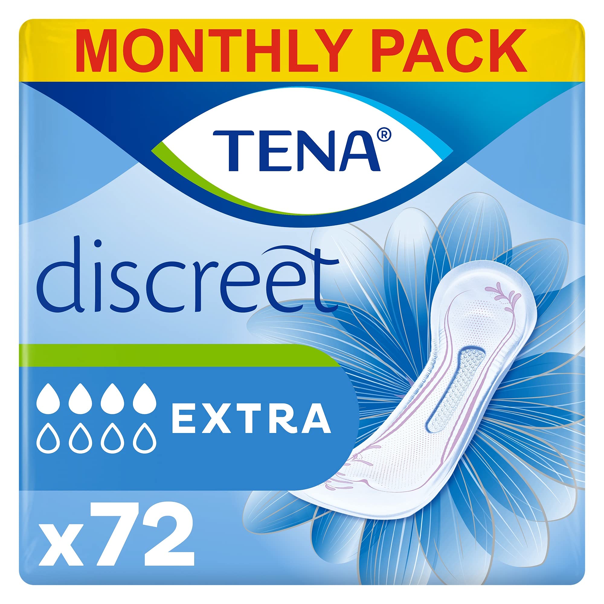 TENA Discreet Extra, 72 Incontinence Pads (12 x 6 packs) Individually
