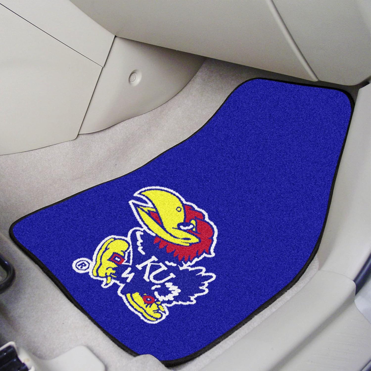 FANMATS 5450 Kansas Jayhawks Front 2-Piece Team Logo Carpet Car Mat Set, Front Row Automotive Floor Mats, Non-Slip Backing, Team Colors