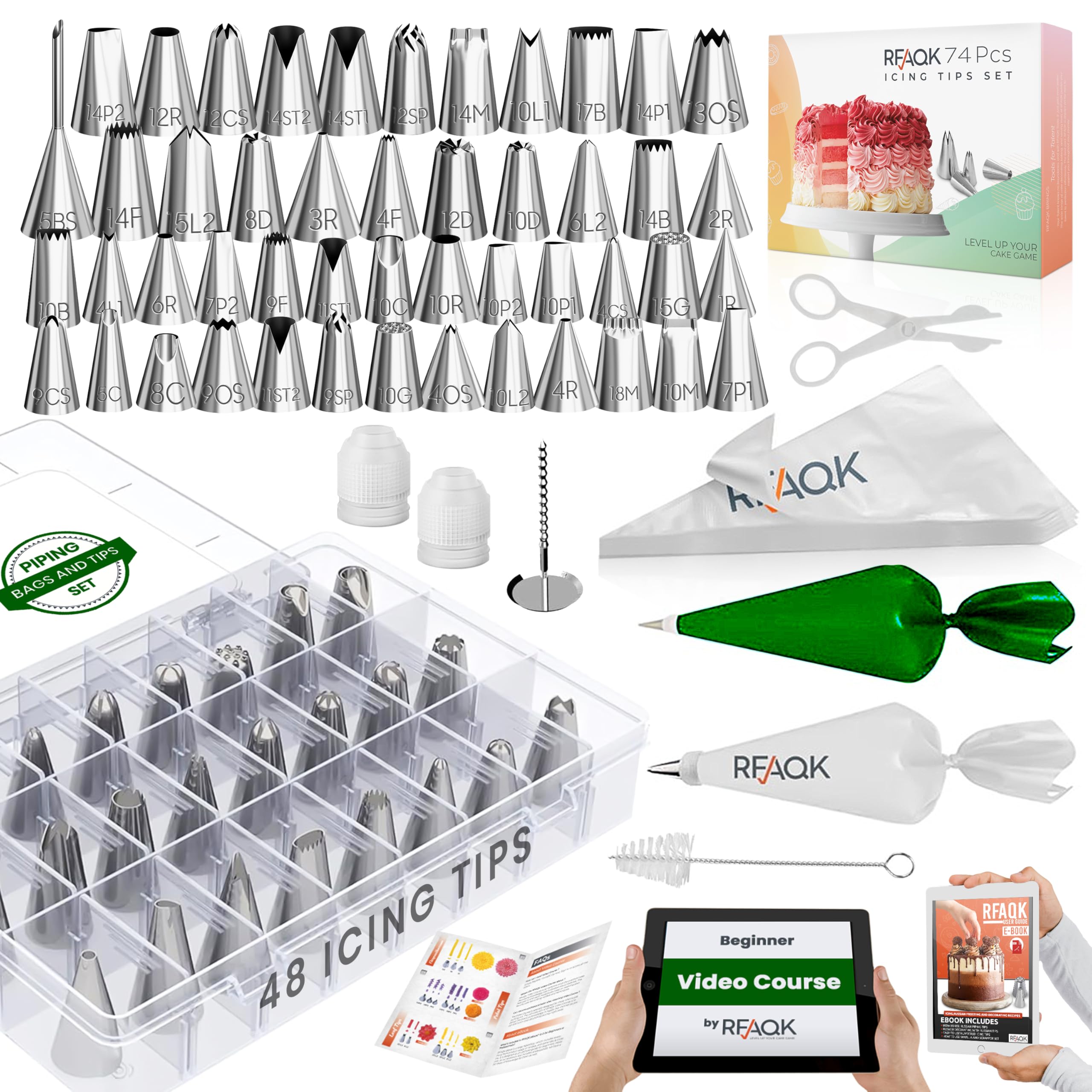RFAQK Icing Bags and Tips Set, Frosting Piping Kit Includes 48-Numbered Frosting Tips, Pastry Bags Disposable & Reusable Ideal for Cookies Cupcake Cake Decoration with Booklet & EBook