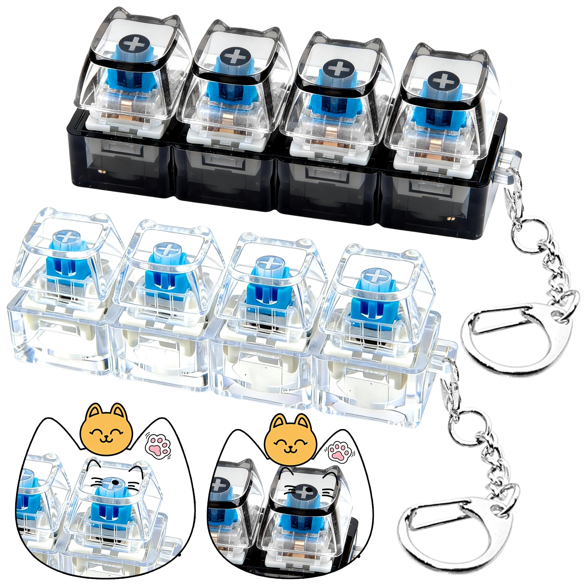 2 PCS Keyboard Fidget Toy, Keyboard Fidget Keychain 4-in-1, Button Stress Relief Fidget Gifts to Relief Stress (Clear & Black - Cat Shape)