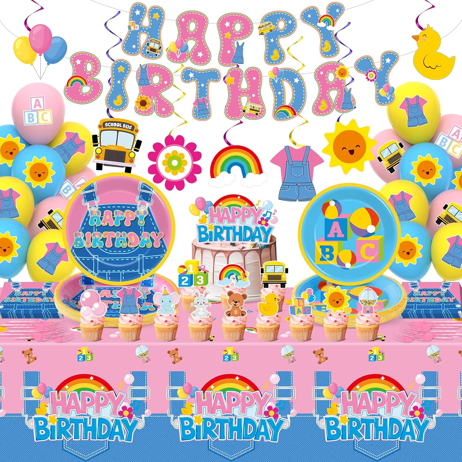 156Pcs Girls Birthday Party Decoration Set Cartoon Teacher Paper Plates and Napkins Happy Birthday Banner Hanging Swirls Cupcake Toppers Tablecloth for Girls Baby Shower English Teacher Party Supplies