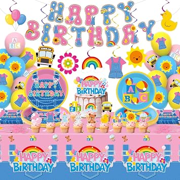 156Pcs Girls Birthday Party Decoration Set Cartoon Teacher Paper Plates and Napkins Happy Birthday Banner Hanging Swirls Cupcake Toppers Tablecloth for Girls Baby Shower English Teacher Party Supplies