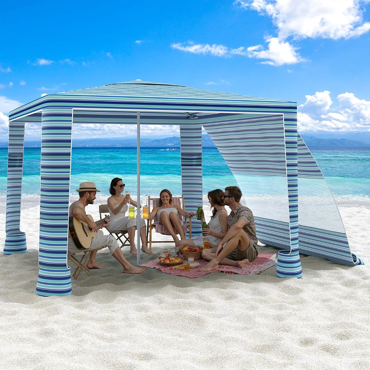 MoKo Beach Cabana, toldo de playa grande de 8'×8' con pared lateral, protección UPF 50+, fácil instalación, tienda de campaña de playa, refugio solar, altura ajustable, resistente al viento, tienda de campaña de playa para toda la familia