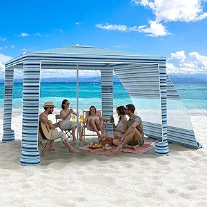 MoKo Beach Cabana, 8'x8' Large Beach Canopy with Side Wall, UPF 50+ Sun Shelter, Adjustable Height, Wind Resistant, Blue-Green Stripe