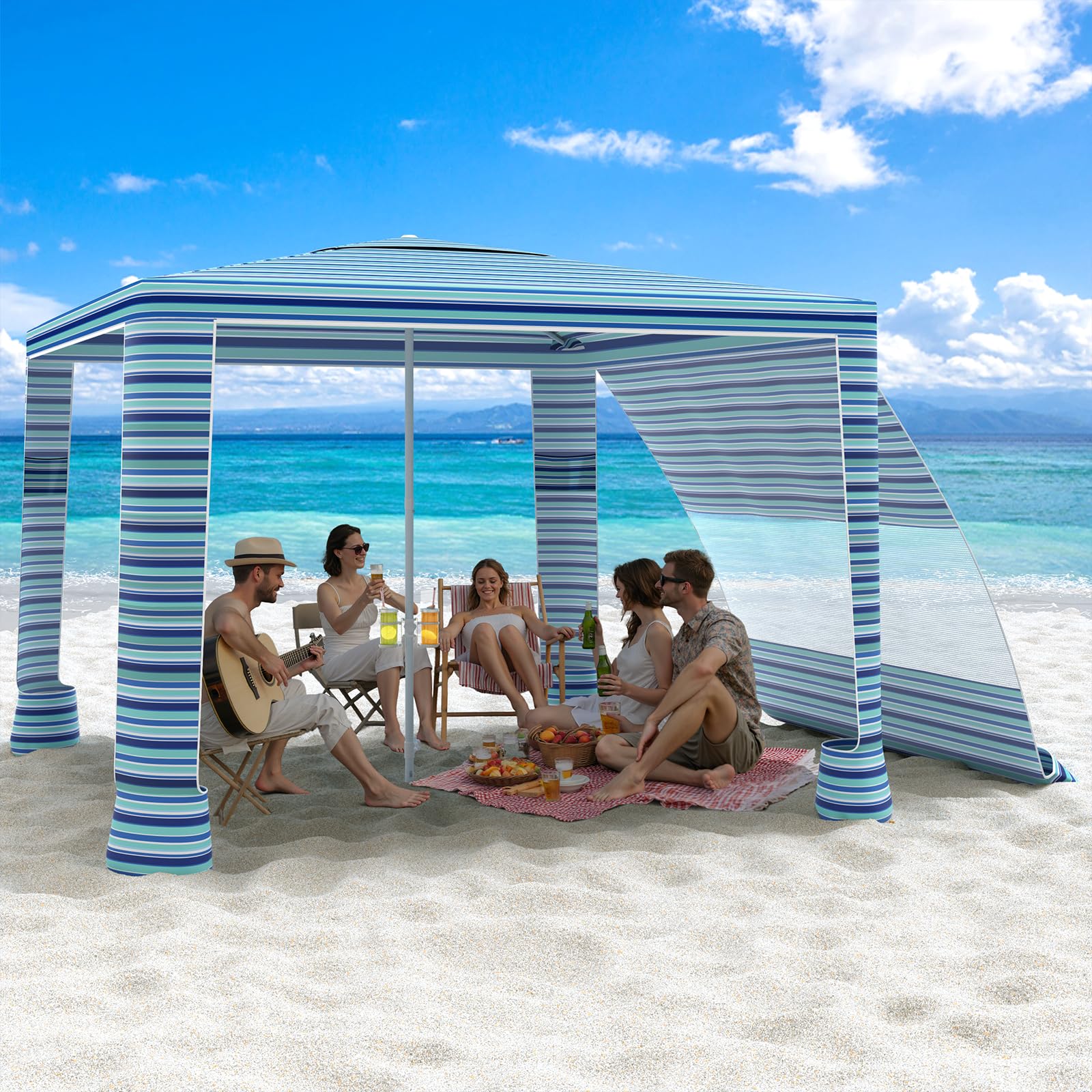 MoKo Beach Cabana, 8'×8' Large Beach Canopy with Side Wall, UPF 50+ Protection Easy Setup Beach Tent Sun Shelter, Adjustable Height Wind Resistant Cabana Beach Tent for Whole Family, Blue-Green Stripe
