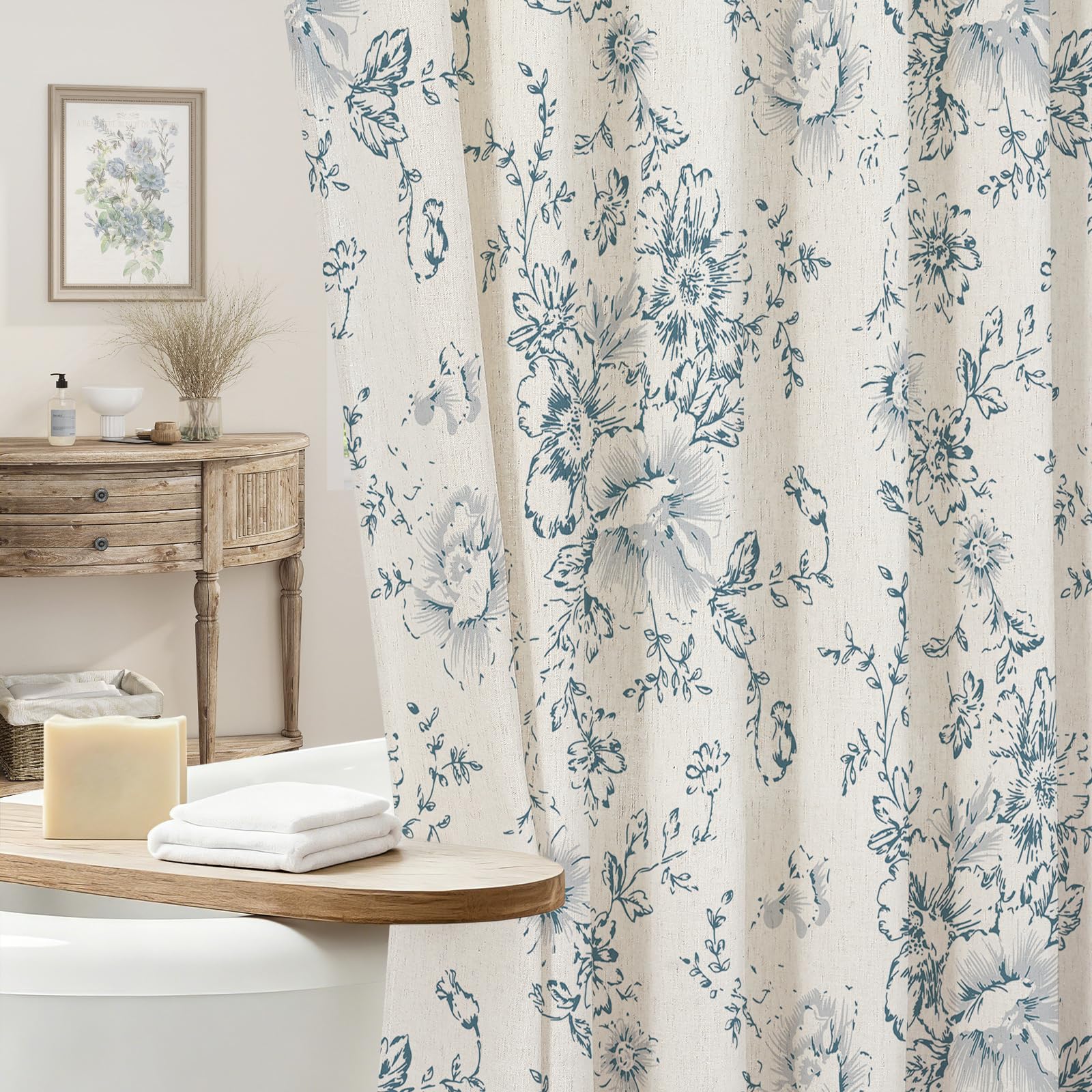 Craidlela Farmhouse Floral Shower Curtain, Blue Grey Linen Shower Curtains, Vintage Cottagecore Shower Curtain for Bathroom, Tan Taupe, 72x72